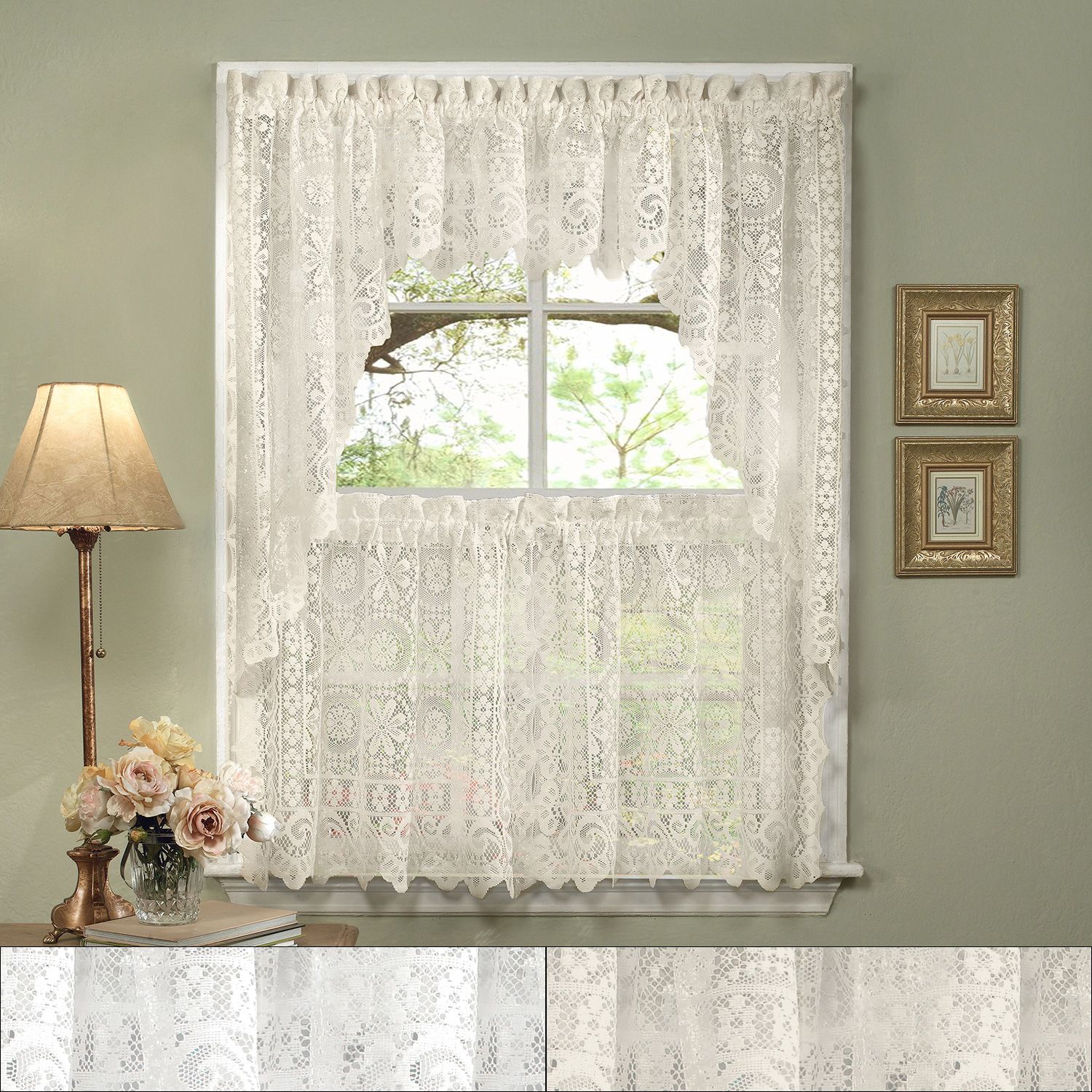 Details About Hopewell Heavy Lace Floral Kitchen Curtain 24" Tier Pair,  Valance & Swag Set Within Barnyard Window Curtain Tier Pair And Valance Sets (View 9 of 20)