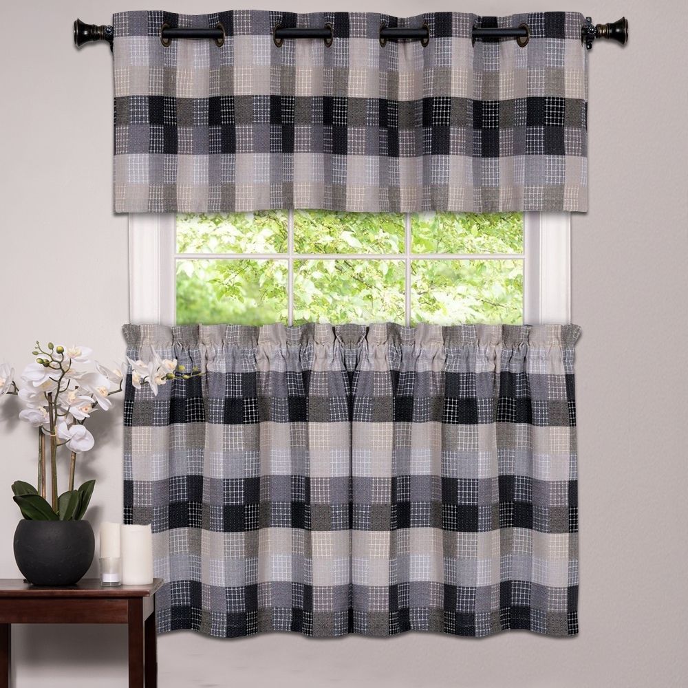 Details About Kitchen Window Curtain Classic Harvard Checkered, Tiers Or  Valance Black Intended For Burgundy Cotton Blend Classic Checkered Decorative Window Curtains (View 4 of 20)