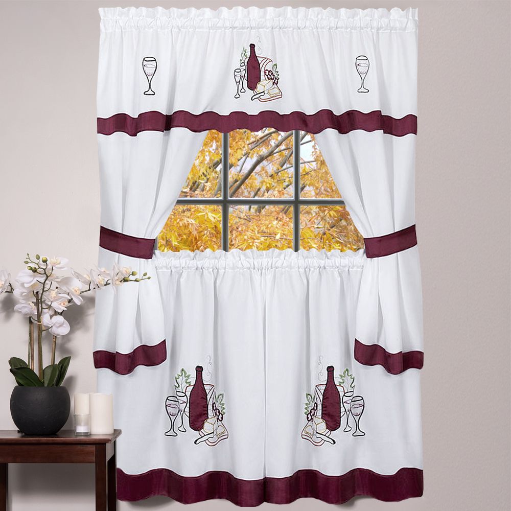 Details About Kitchen Window Curtain Cottage 5 Piece Set Embroidered  Cabernet 24" Or 36" Within Kitchen Burgundy/white Curtain Sets (View 5 of 20)