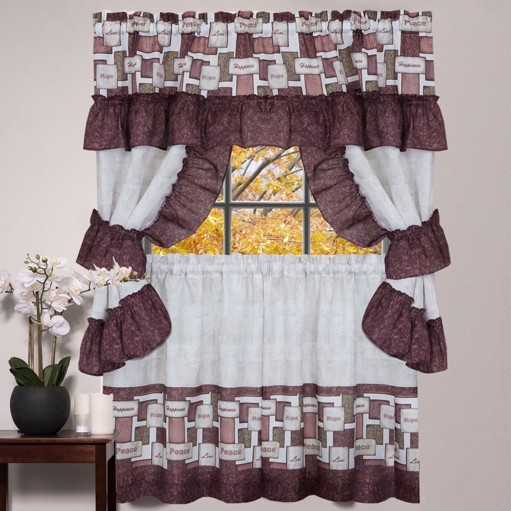 Details About Kitchen Window Curtain Cottage 5 Piece Set Inspire Words 24"  Or 36" For Embroidered 'coffee Cup' 5 Piece Kitchen Curtain Sets (View 2 of 20)
