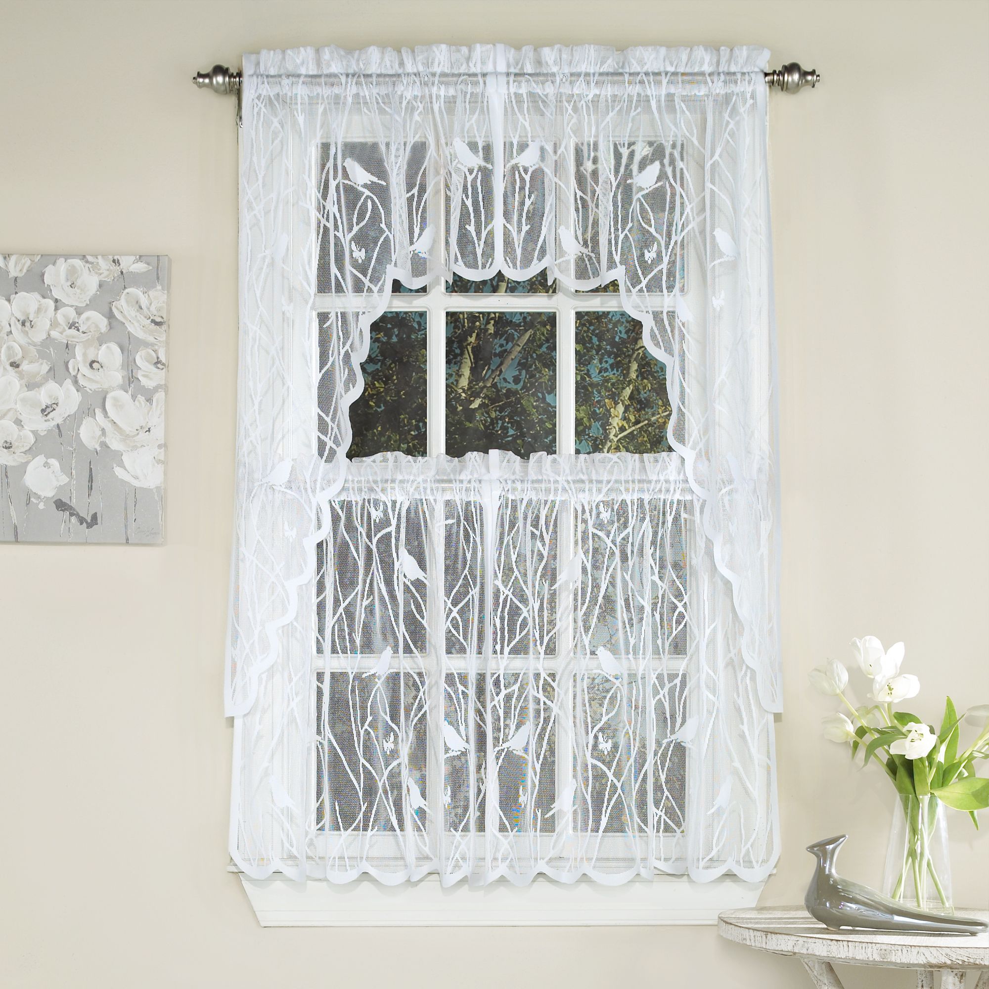 Details About Knit Lace Bird Motif Kitchen Window Curtain Tiers, Swags Or  Valance White Intended For White Knit Lace Bird Motif Window Curtain Tiers (Photo 1 of 20)