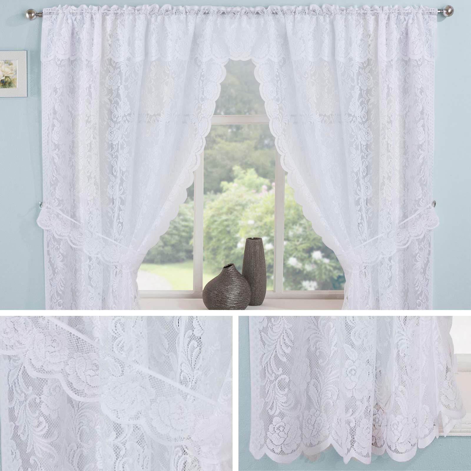 Details About Lace Curtain Sets White Kew Complete Kitchen Window Floral  Ready Made Curtains With Glasgow Curtain Tier Sets (View 8 of 20)