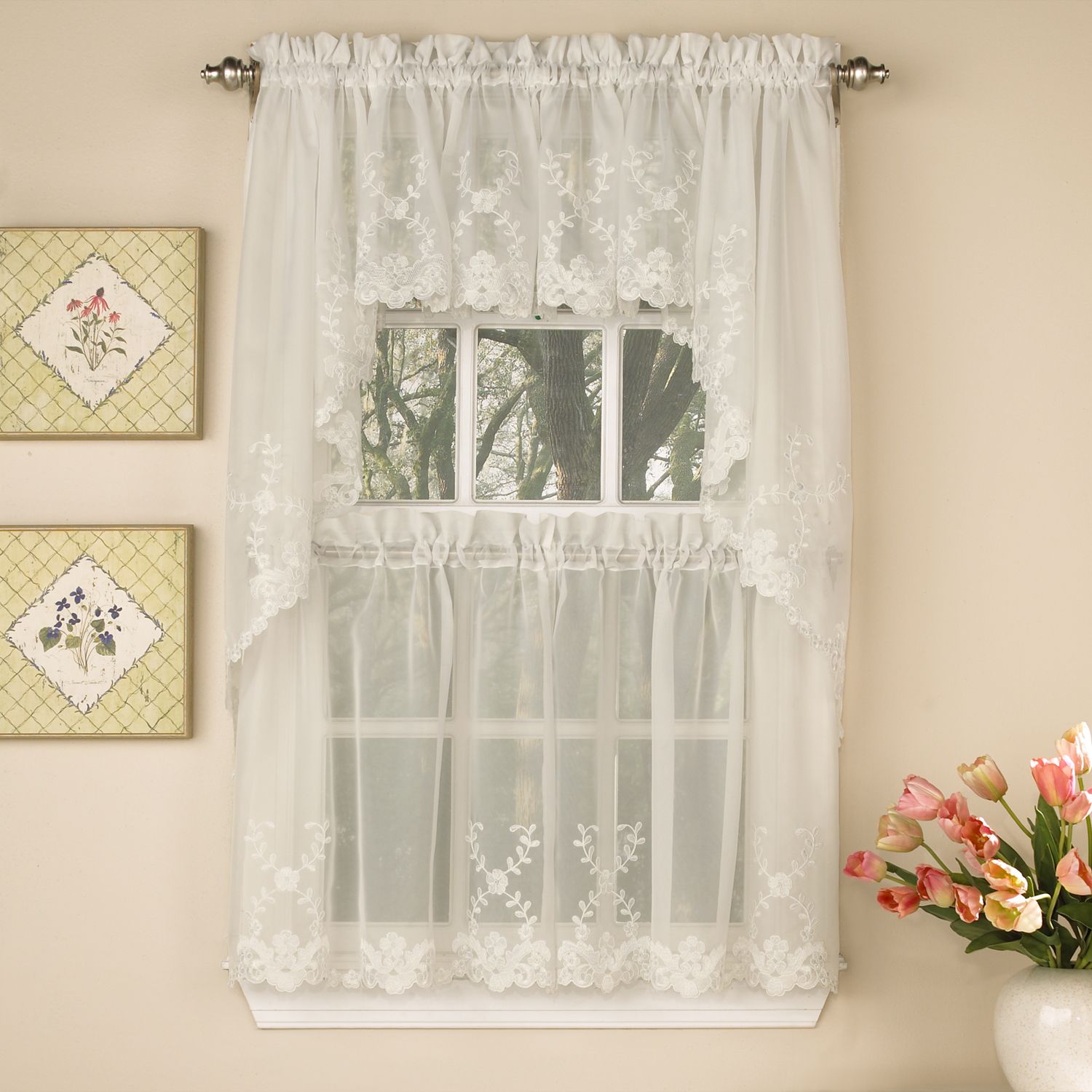 Details About Laurel Leaf Sheer Voile Embroidered Ivory Kitchen Curtains  Tier, Valance Or Swag Inside Floral Lace Rod Pocket Kitchen Curtain Valance And Tiers Sets (View 6 of 20)