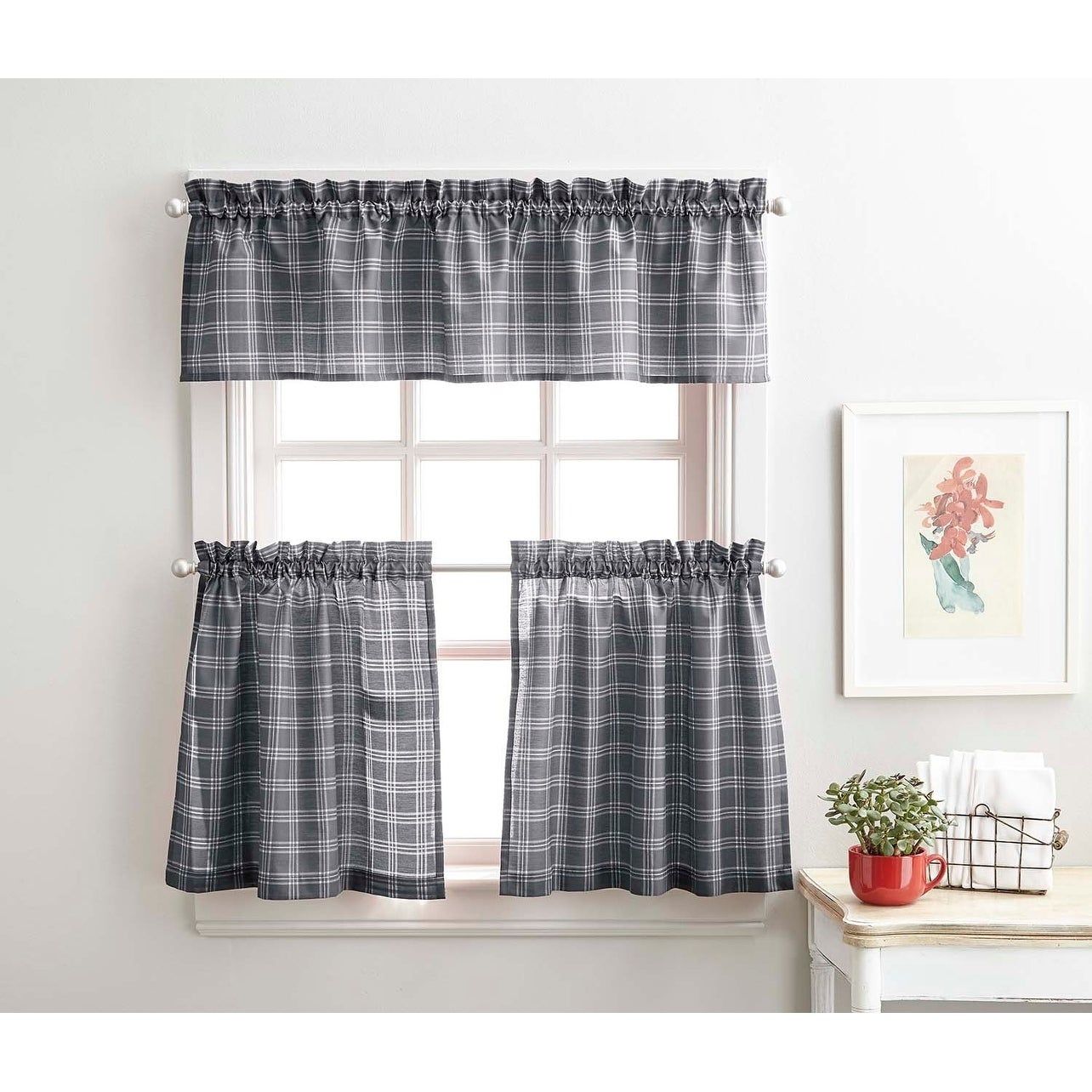 Details About Lodge Plaid 3 Piece Kitchen Curtain Tier And Valance Set – Throughout Red Delicious Apple 3 Piece Curtain Tiers (View 7 of 20)