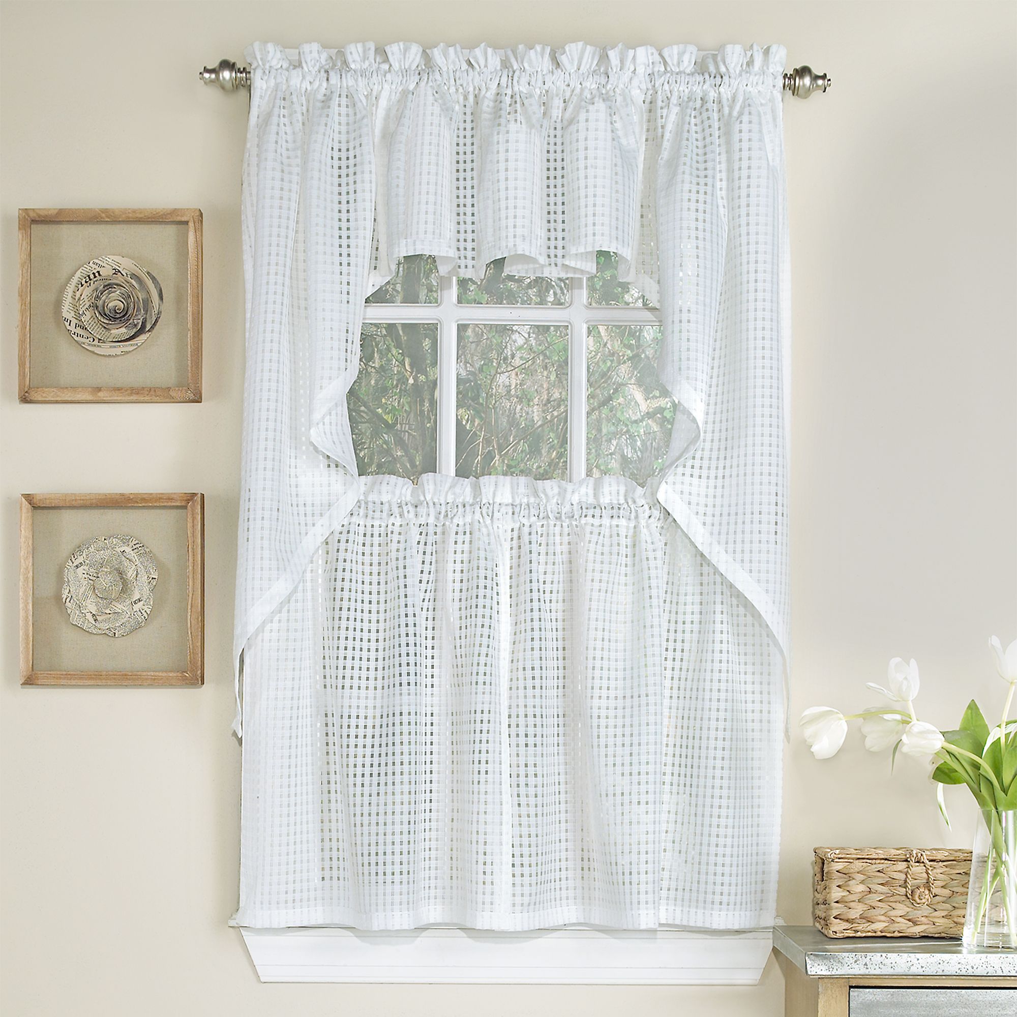 Details About Micro Check 2 Tone White Semi Sheer Window Curtain Tiers,  Valance, Or Swag Throughout White Knit Lace Bird Motif Window Curtain Tiers (View 8 of 20)