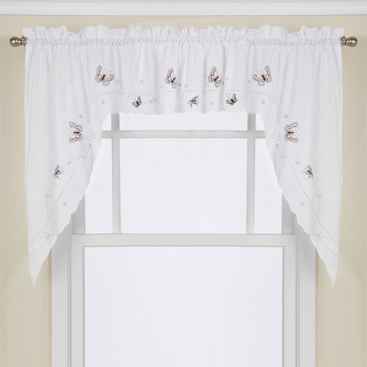 Details About Monarch Butterfly White Kitchen Curtain Embroidered 24" Tier,  Swag & Valance Set Within Urban Embroidered Tier And Valance Kitchen Curtain Tier Sets (View 13 of 20)