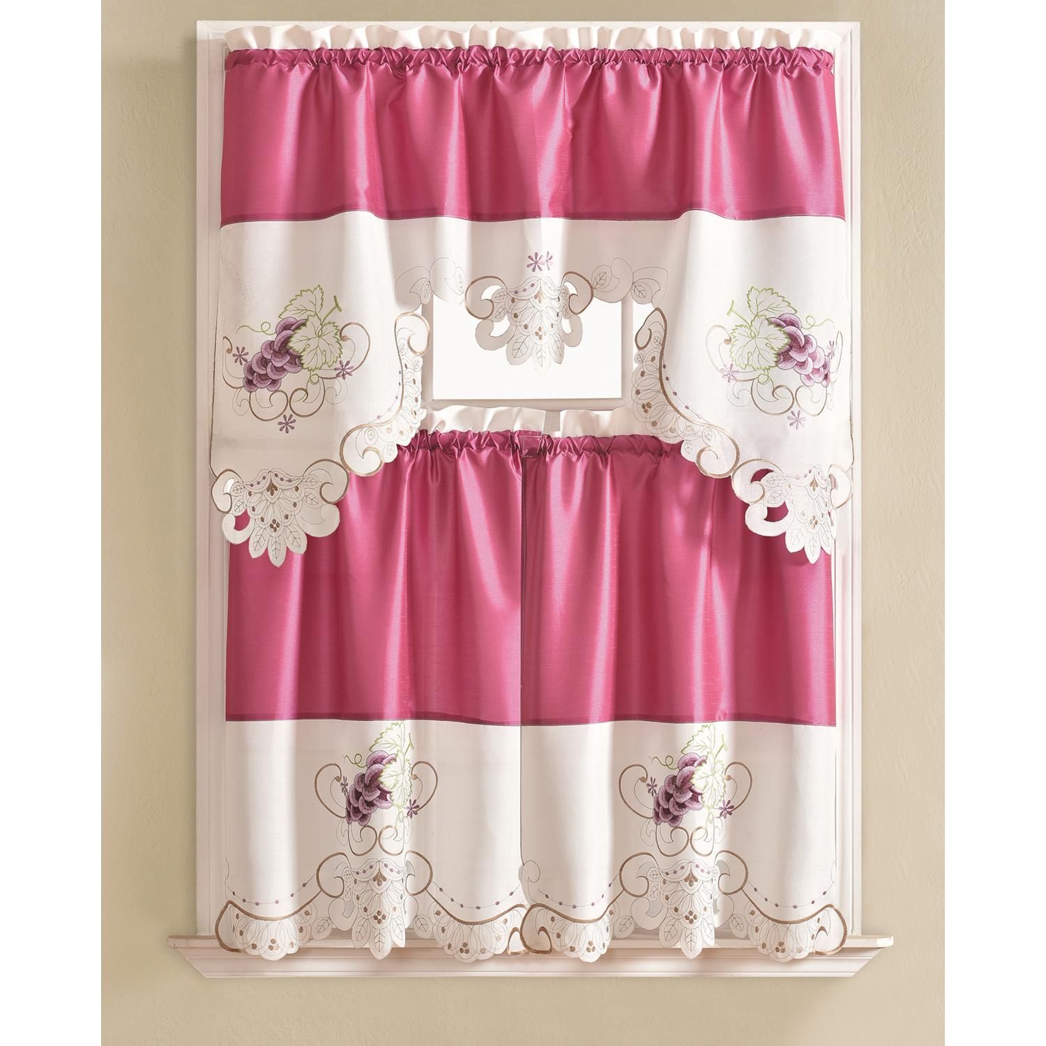 Details About Noble Embroidered Grape Tier And Valance Kitchen Curtain Set Pertaining To Urban Embroidered Tier And Valance Kitchen Curtain Tier Sets (View 5 of 20)