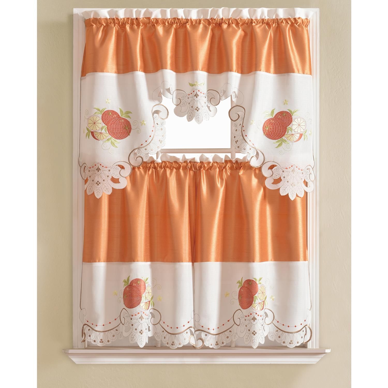 Details About Noble Embroidered Orange Tier And Valance Kitchen Curtain Set Throughout Urban Embroidered Tier And Valance Kitchen Curtain Tier Sets (Photo 4 of 20)