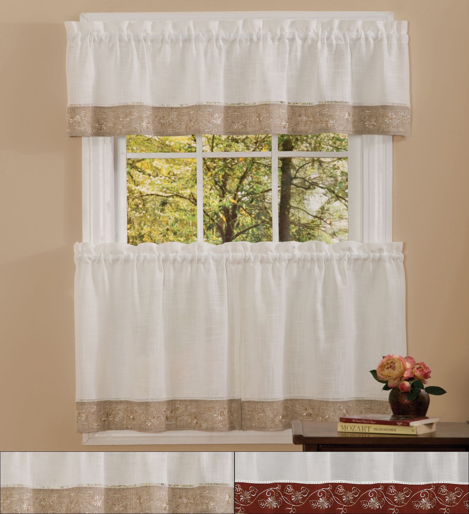 Details About Oakwood Linen Style Kitchen Window Curtain 24" Tiers &  Valance Set Pertaining To Oakwood Linen Style Decorative Window Curtain Tier Sets (Photo 2 of 20)