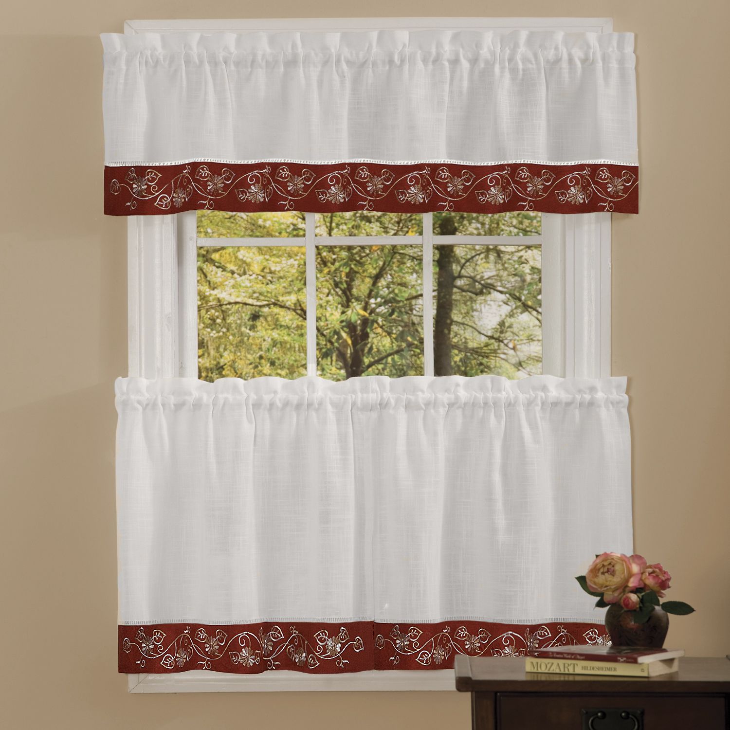 Details About Oakwood Linen Style Kitchen Window Curtains Tiers Or Valance  Burgundy Inside Oakwood Linen Style Decorative Window Curtain Tier Sets (View 3 of 20)
