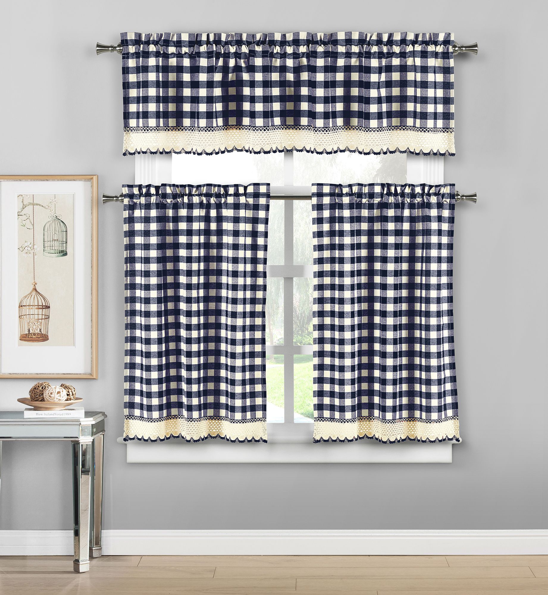 Details About Plaid Checkered 100% Cotton 3 Piece Set Window Kitchen  Curtain Tier & Valance Inside Burgundy Cotton Blend Classic Checkered Decorative Window Curtains (View 10 of 20)