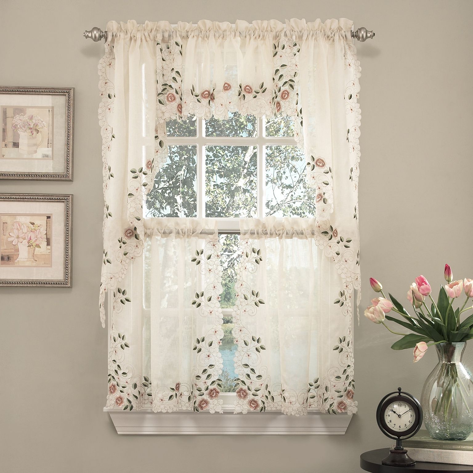 Details About Rosemary Floral Embroidered Semi Sheer Kitchen Curtain 36"  Tier Swag Valance Set Regarding Floral Embroidered Sheer Kitchen Curtain Tiers, Swags And Valances (Photo 1 of 20)