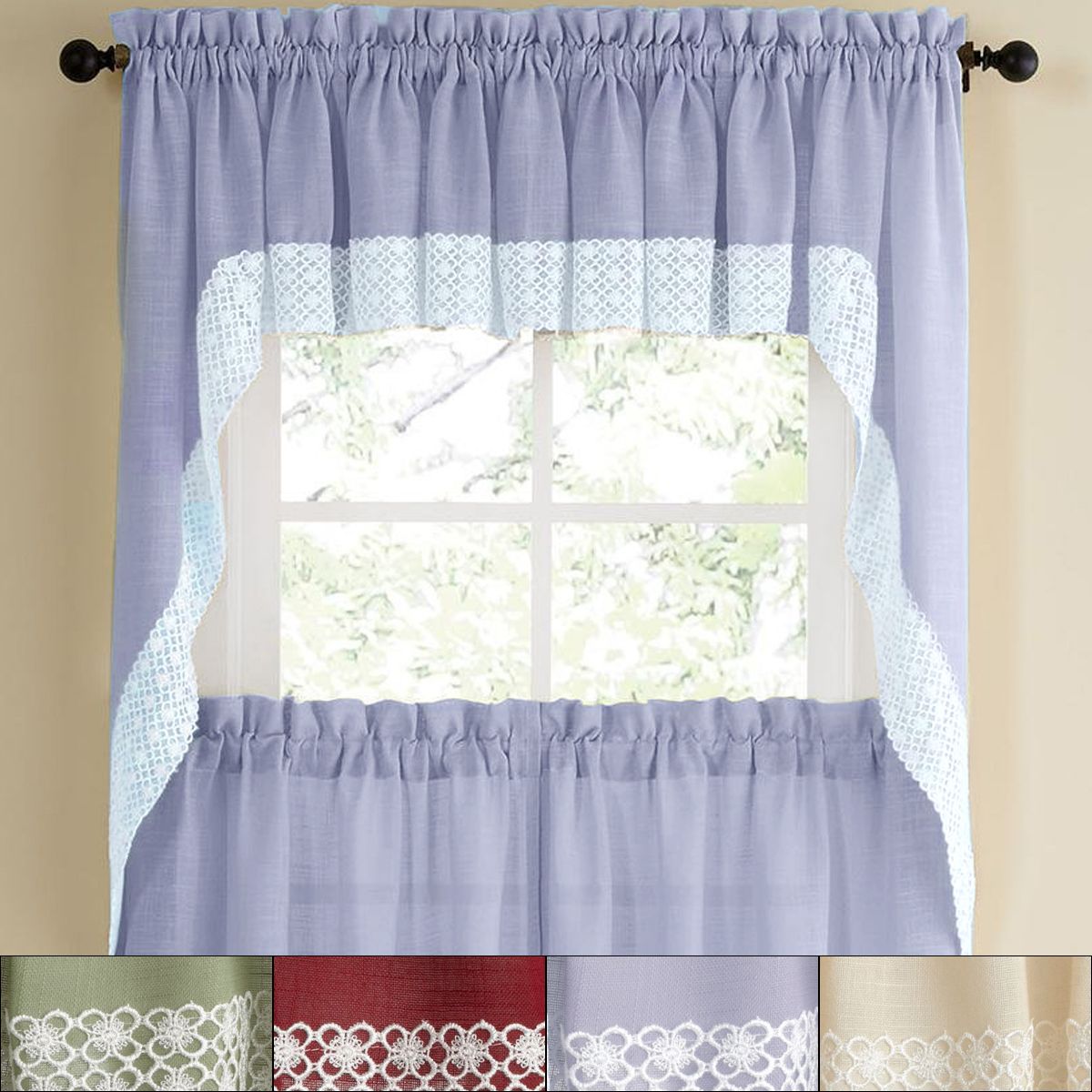 Details About Salem Kitchen Window Curtain W/ Lace Trim – 38" Swag Pair With Regard To Ivory Knit Lace Bird Motif Window Curtain (View 17 of 20)