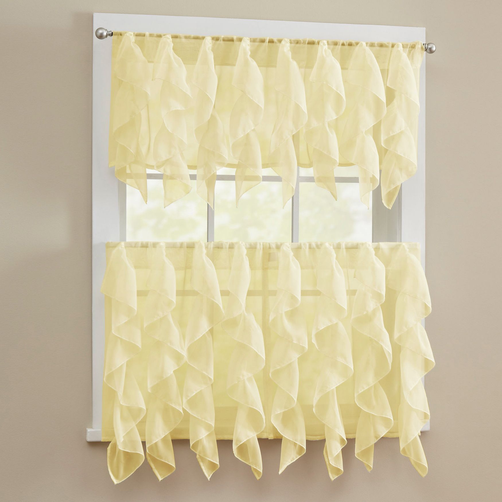 Details About Sheer Voile Vertical Ruffle Window Kitchen Curtain Tiers Or  Valance Maize In Pleated Curtain Tiers (View 20 of 20)