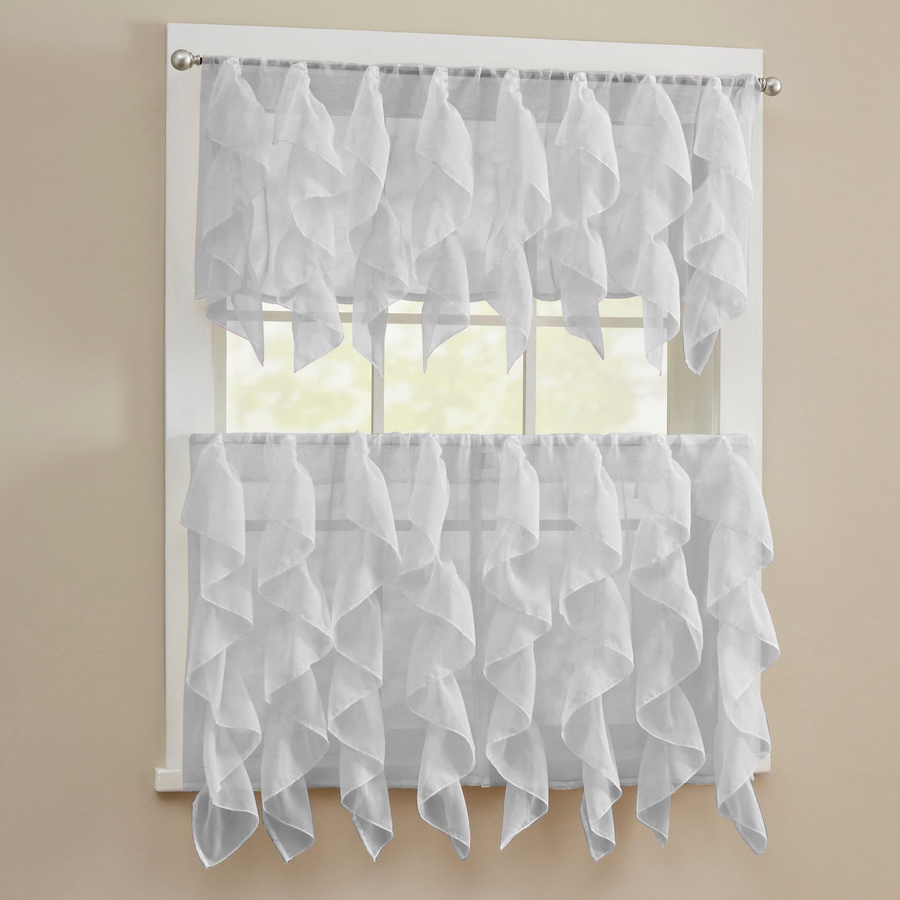 Details About Sheer Voile Vertical Ruffle Window Kitchen Curtain Tiers Or  Valance Silver Intended For Vertical Ruffled Waterfall Valances And Curtain Tiers (View 6 of 20)
