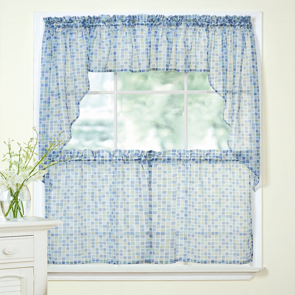 Details About Tiles Block Print Blue/green Sheer Voile Kitchen Curtains  Tier, Valance Or Swag For Floral Embroidered Sheer Kitchen Curtain Tiers, Swags And Valances (Photo 12 of 20)