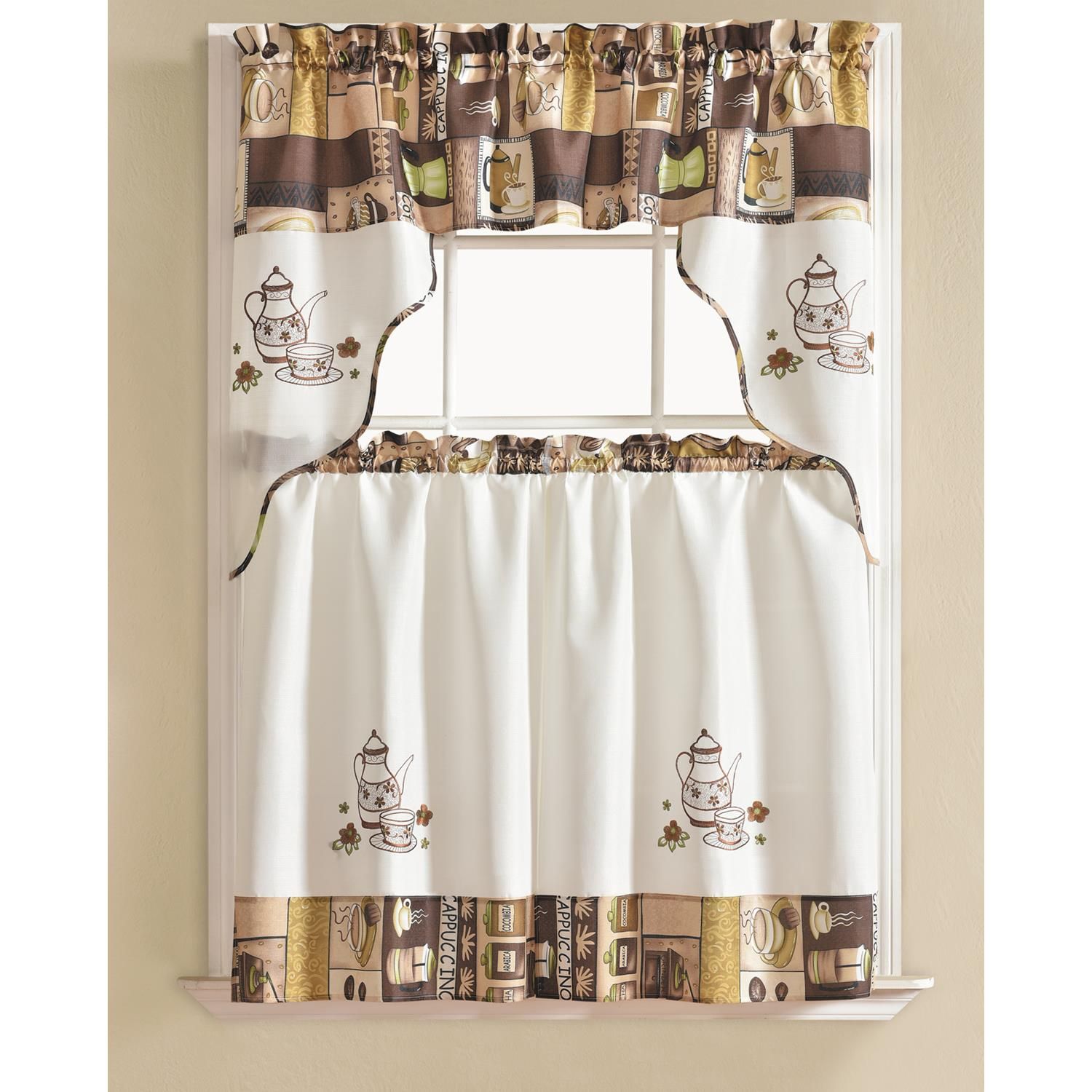 Details About Urban Embroidered Coffee Tier And Valance Kitchen Curtain Set Regarding Urban Embroidered Tier And Valance Kitchen Curtain Tier Sets (Photo 2 of 20)