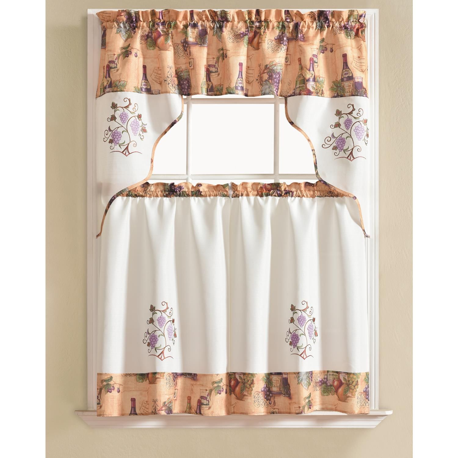 Details About Urban Embroidered Grape Tier And Valance Kitchen Curtain Set,  White/beige/purple With Urban Embroidered Tier And Valance Kitchen Curtain Tier Sets (Photo 1 of 20)