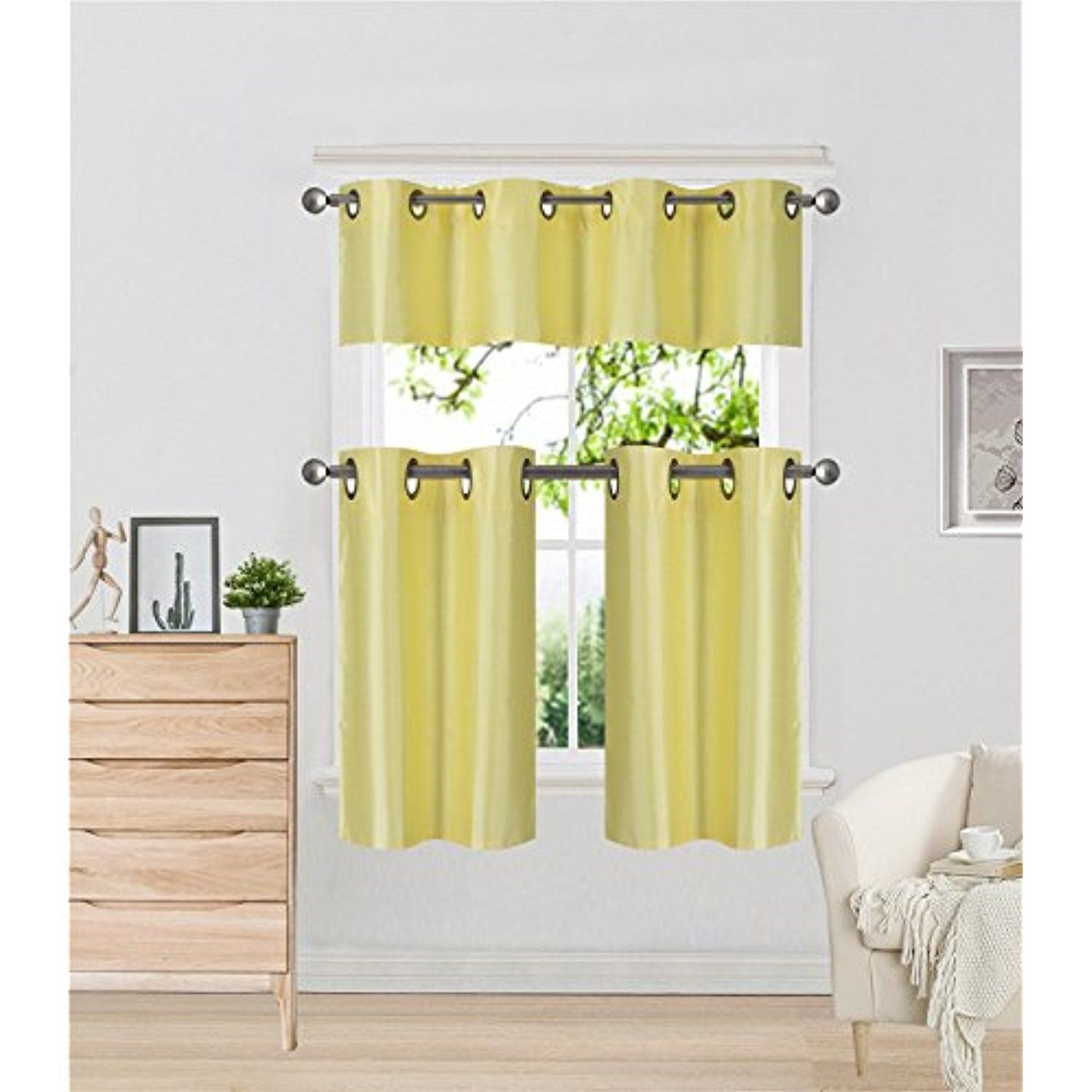 Elegant Home Collection 3 Piece Solid Color Faux Silk Pertaining To Faux Silk 3 Piece Kitchen Curtain Sets (Photo 10 of 20)