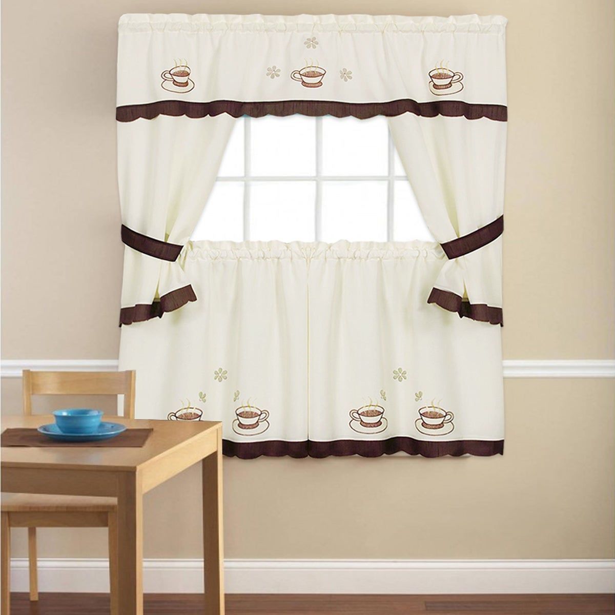 Embroidered 'coffee Cup' 5 Piece Kitchen Curtain Set In 5 Piece Burgundy Embroidered Cabernet Kitchen Curtain Sets (View 2 of 20)