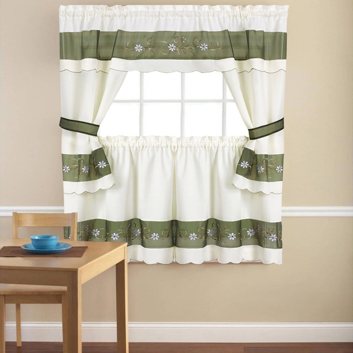 Embroidered Floral 5 Piece Kitchen Curtain Set (58"x24 For Grace Cinnabar 5 Piece Curtain Tier And Swag Sets (View 6 of 20)