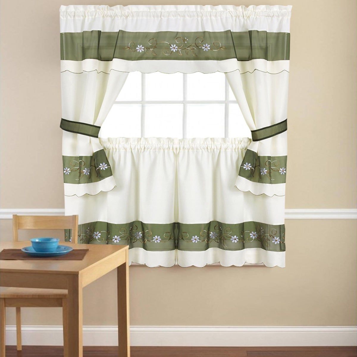 Embroidered Floral 5 Piece Kitchen Curtain Set Throughout Urban Embroidered Tier And Valance Kitchen Curtain Tier Sets (View 12 of 20)