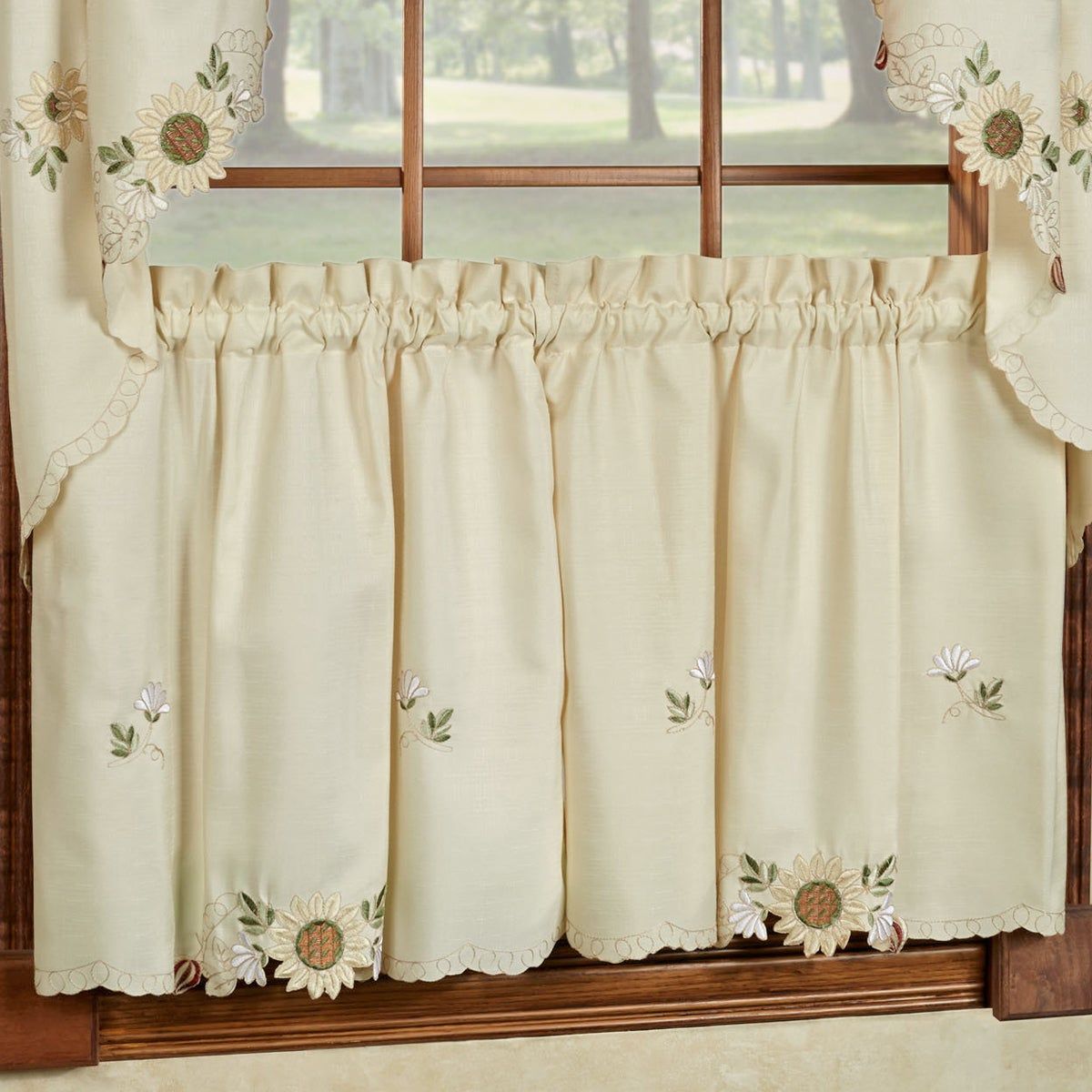 Embroidered Sunflower Kitchen Curtains Separates  Tier, Swag And Valance  Options Pertaining To Sunflower Cottage Kitchen Curtain Tier And Valance Sets (Photo 6 of 20)