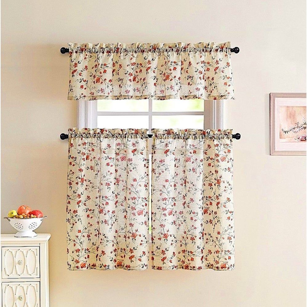 Emeria Faux Linen Sheer Floral Kitchen Curtain Set, Beige Red, 57x15 &  28x36 Inches – 28x36 Inches For Floral Watercolor Semi Sheer Rod Pocket Kitchen Curtain Valance And Tiers Sets (Photo 18 of 20)
