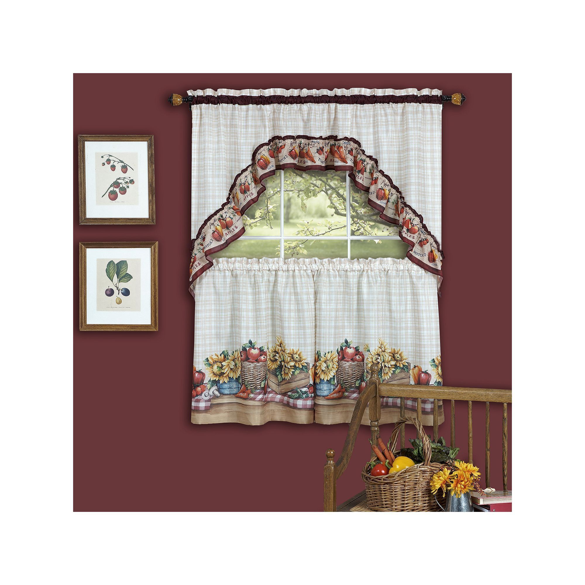 Farmer's Market 3 Piece Swag Tier Kitchen Window Curtain Set Within Window Curtains Sets With Colorful Marketplace Vegetable And Sunflower Print (View 4 of 20)