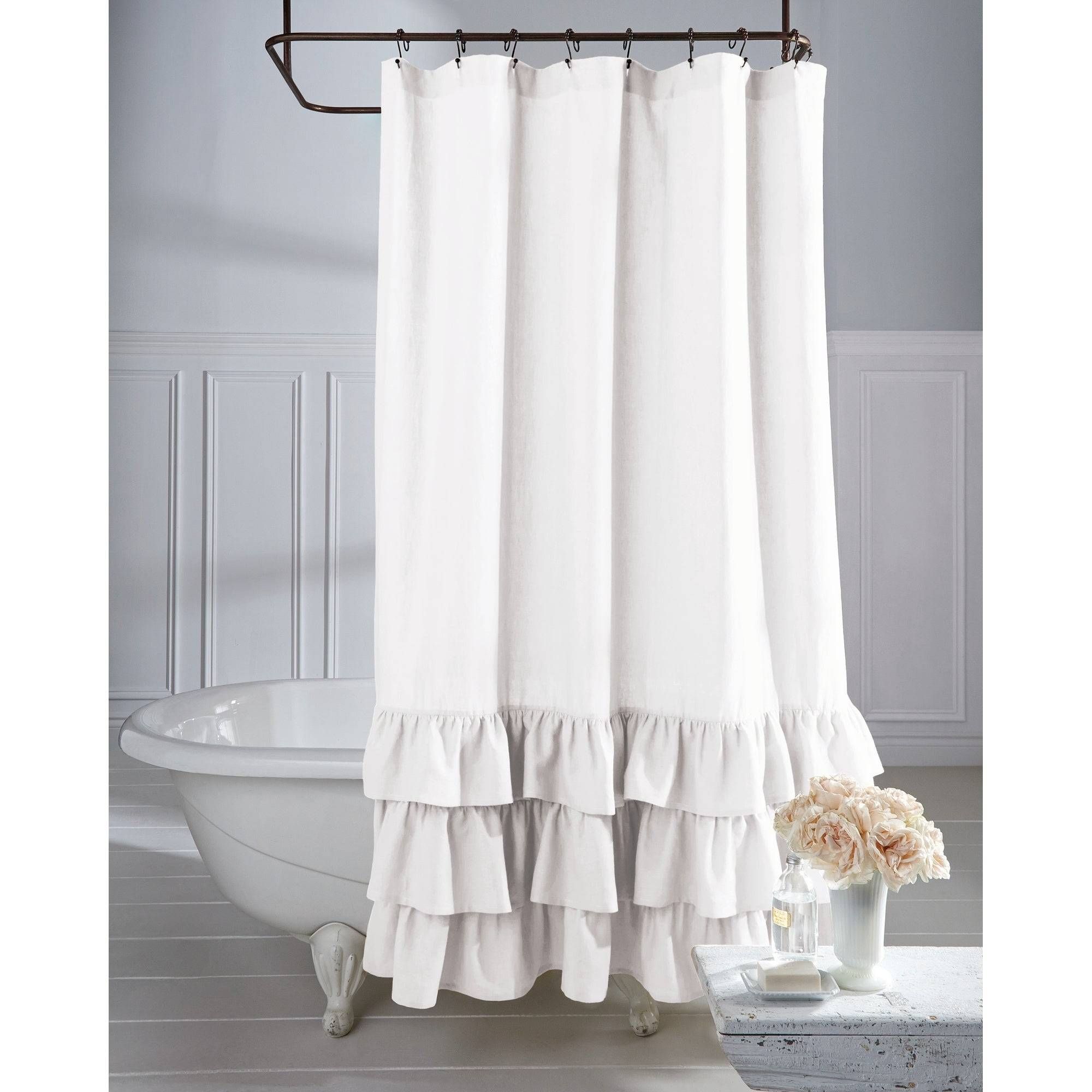 Fascinating Grey Ruffle Shower Curtain Farmhouse Linen Intended For Navy Vertical Ruffled Waterfall Valance And Curtain Tiers (Photo 10 of 20)