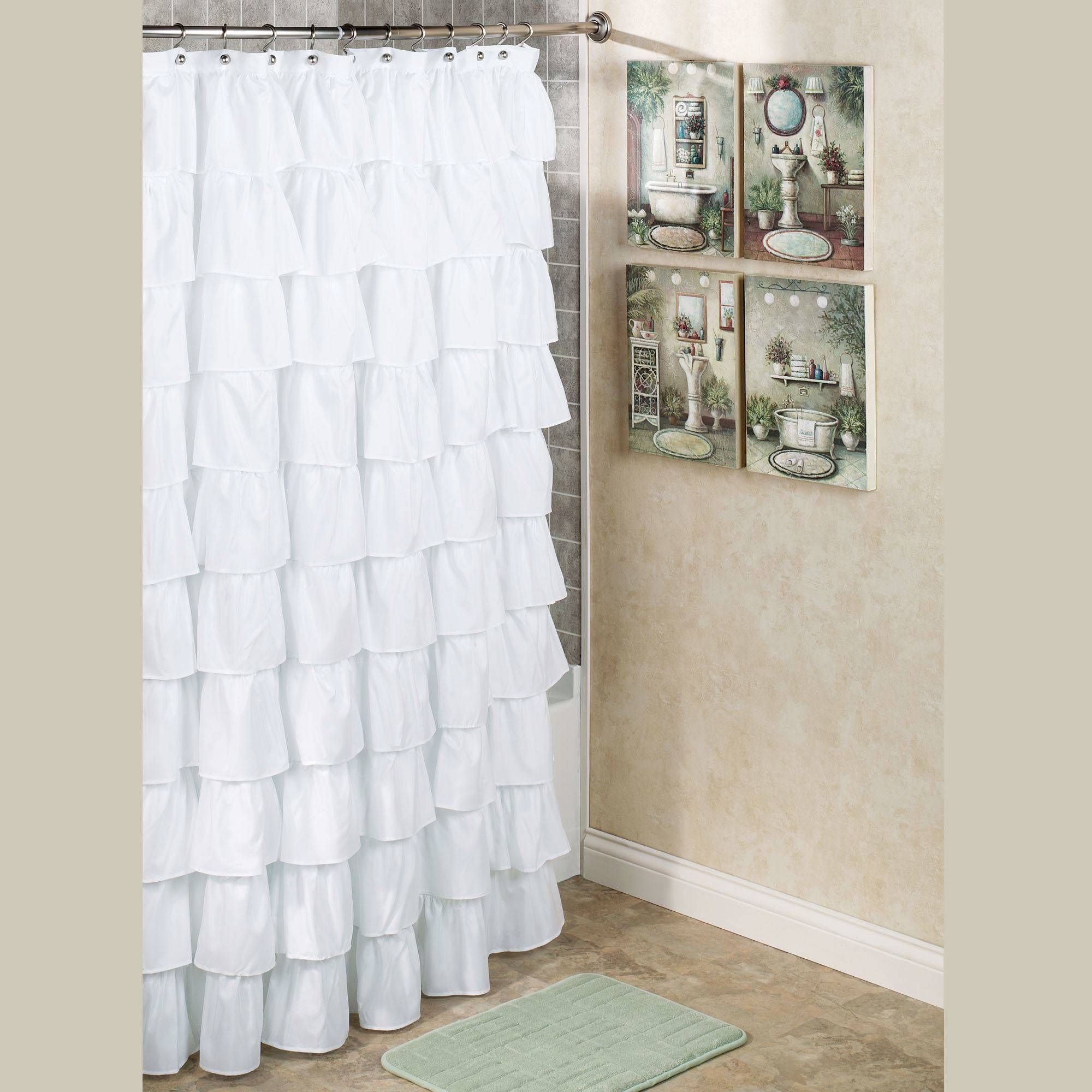 Fascinating Grey Ruffle Shower Curtain Farmhouse Linen With Regard To Navy Vertical Ruffled Waterfall Valance And Curtain Tiers (Photo 17 of 20)