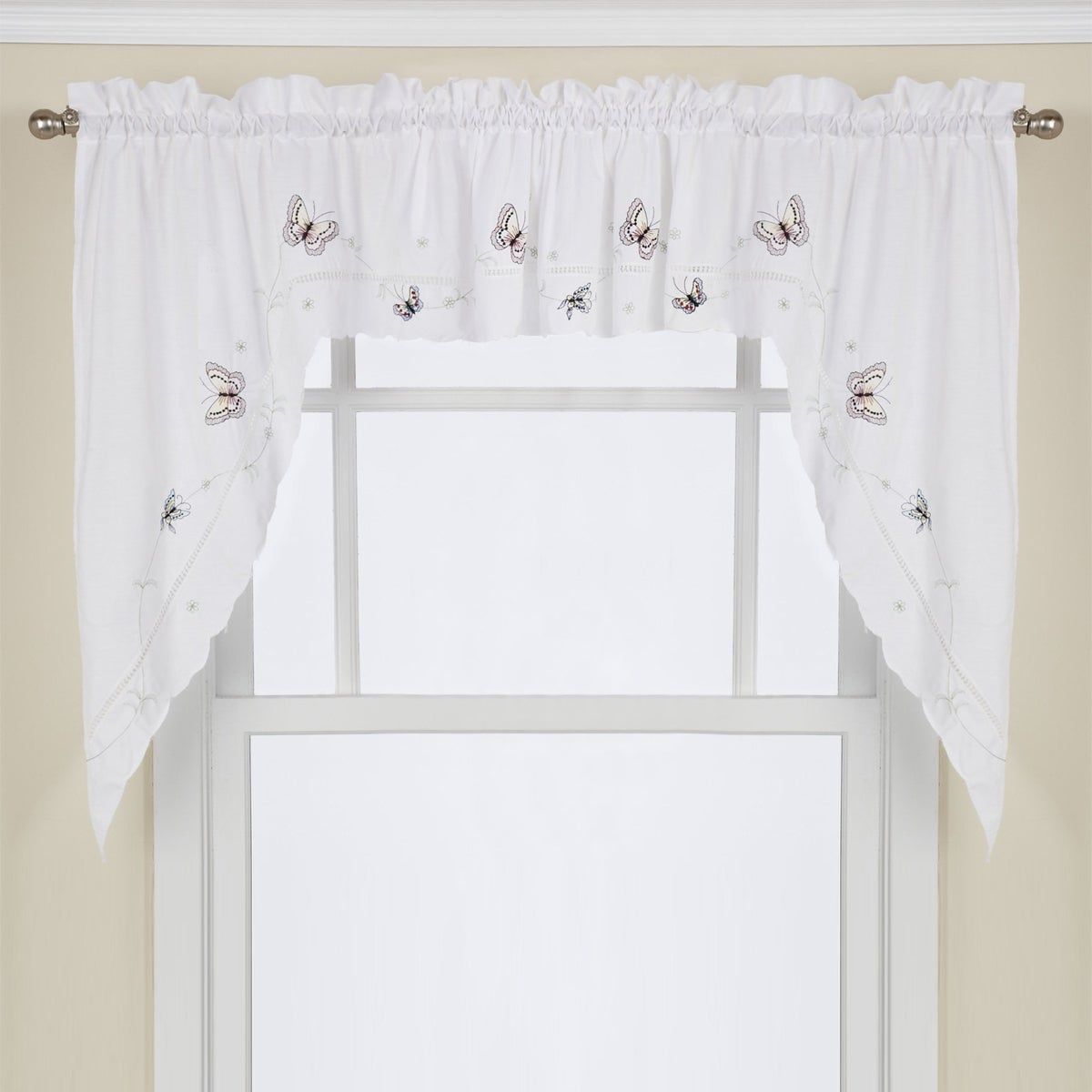 Fluttering Butterfly White Embroidered Tier, Swag, Or Valance Kitchen  Curtains Regarding Floral Embroidered Sheer Kitchen Curtain Tiers, Swags And Valances (View 13 of 20)