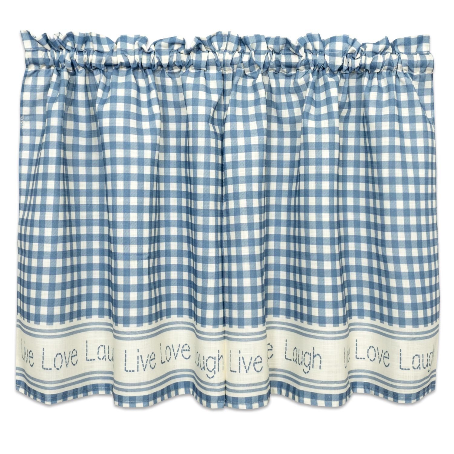 Gingham Stitch Live Laugh Love Kitchen Curtain Tier Pair Or Valance Blue With Live, Love, Laugh Window Curtain Tier Pair And Valance Sets (View 6 of 20)