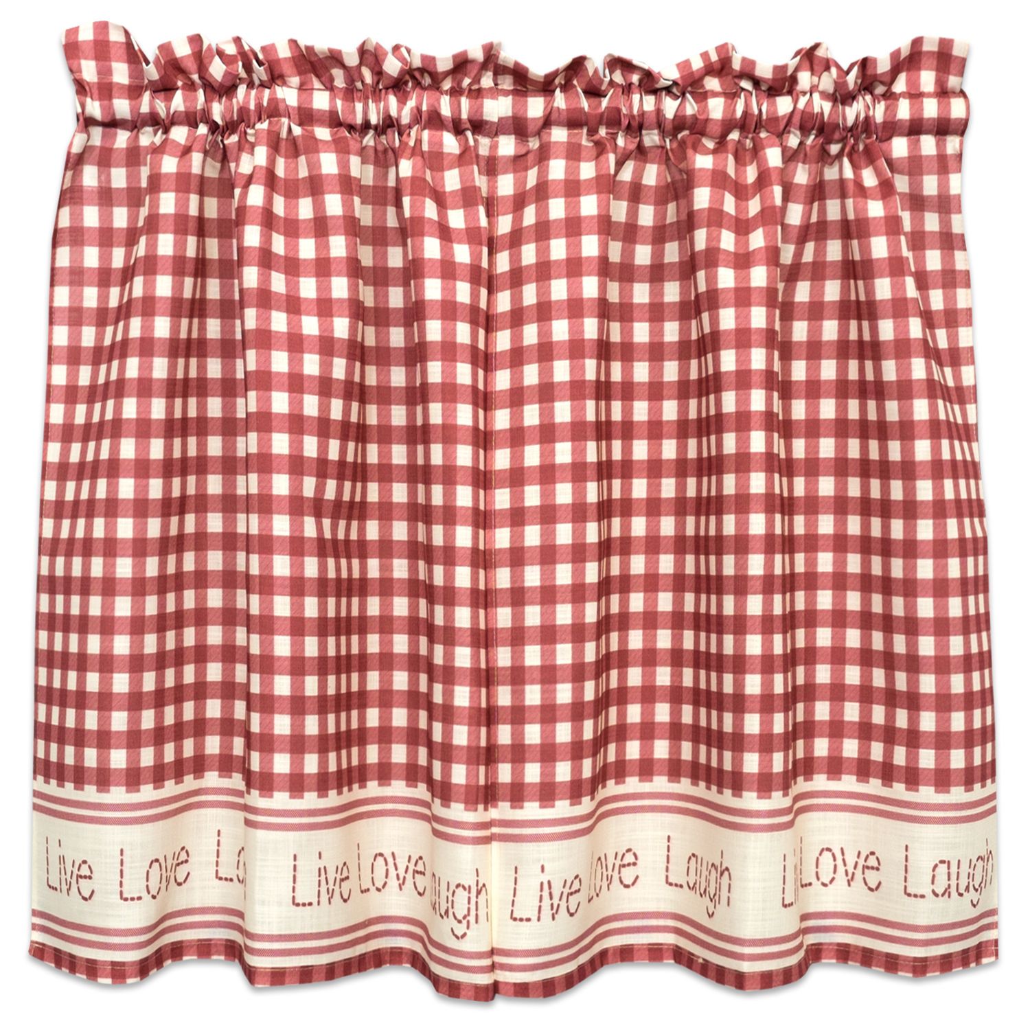 Gingham Stitch Live Laugh Love Kitchen Curtain Tier Pair Or Valance Red Throughout Live, Love, Laugh Window Curtain Tier Pair And Valance Sets (View 10 of 20)