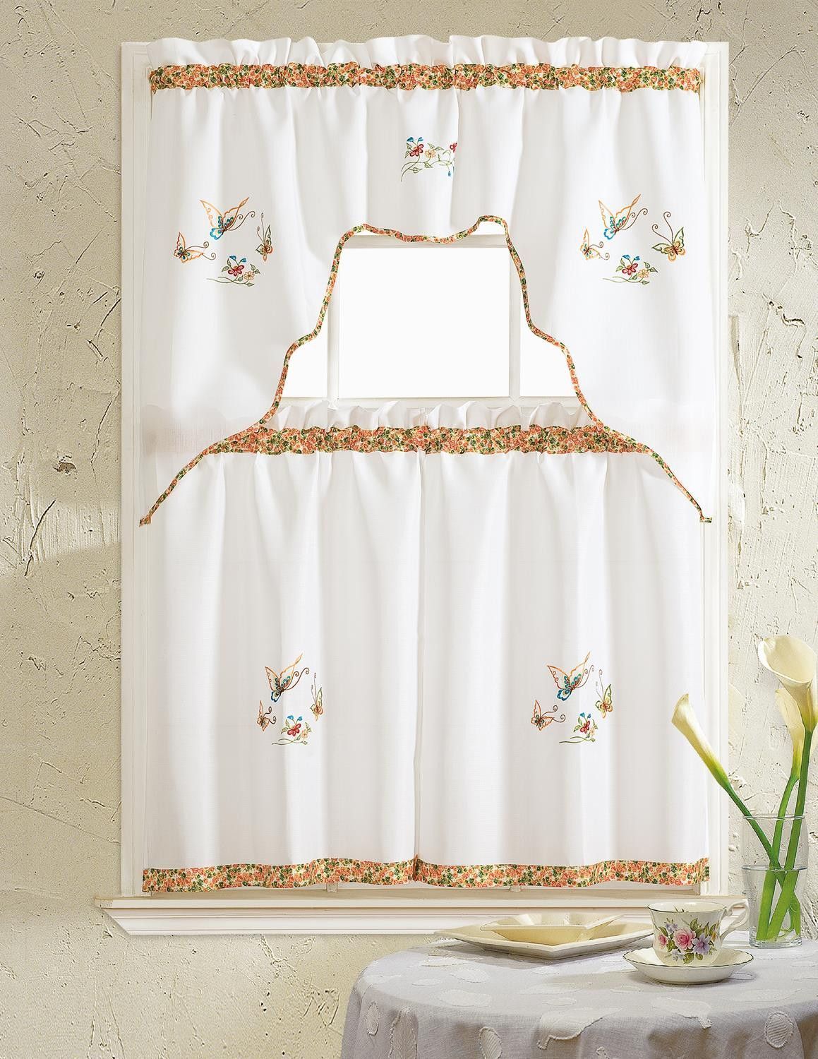 Grand Butterfly Embroidered Ruffle Kitchen Curtain Set For Urban Embroidered Tier And Valance Kitchen Curtain Tier Sets (Photo 11 of 20)