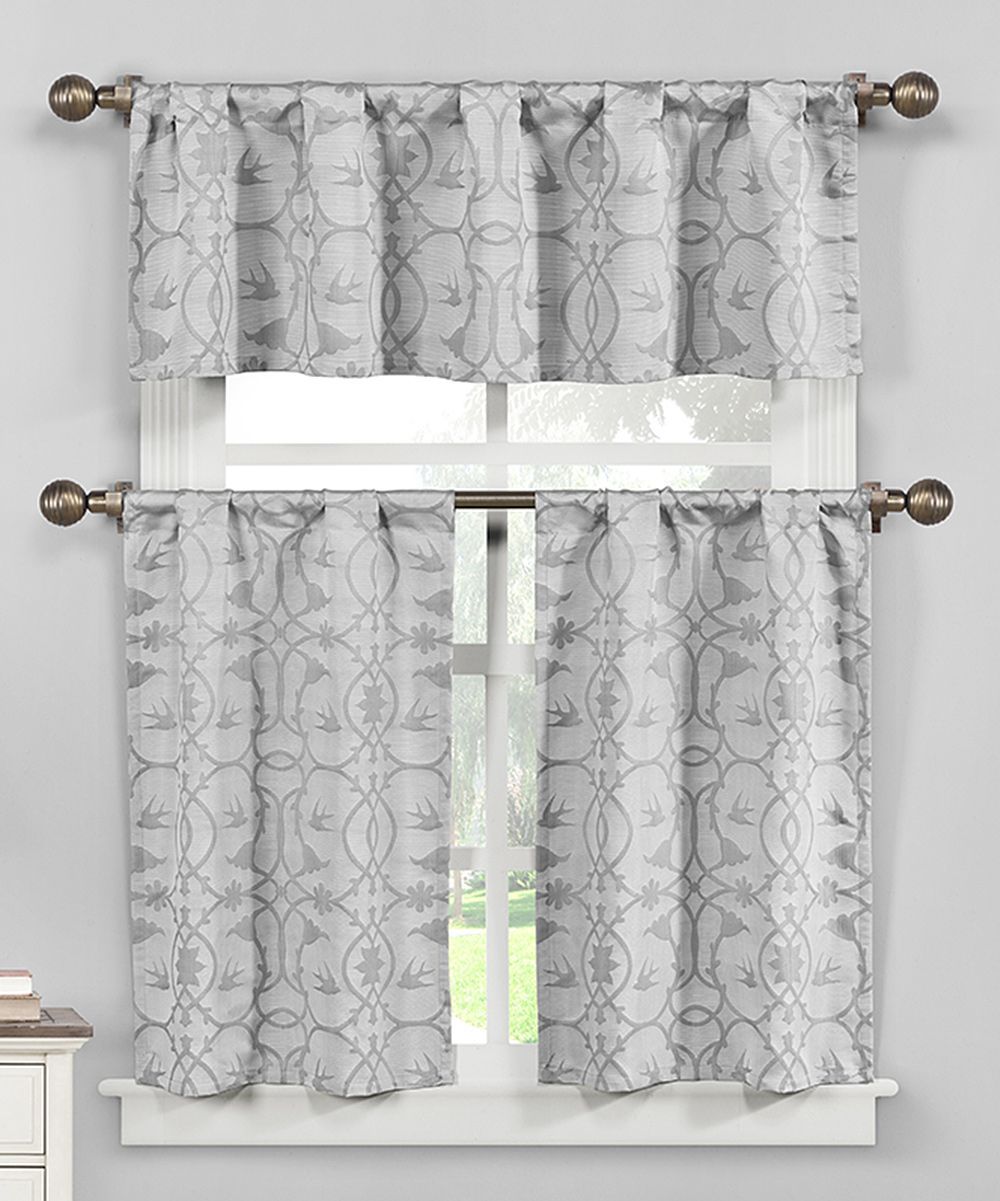 Gray Jacquard Dawn Birds Three Piece Curtain Panel Set Intended For Dakota Window Curtain Tier Pair And Valance Sets (View 13 of 20)