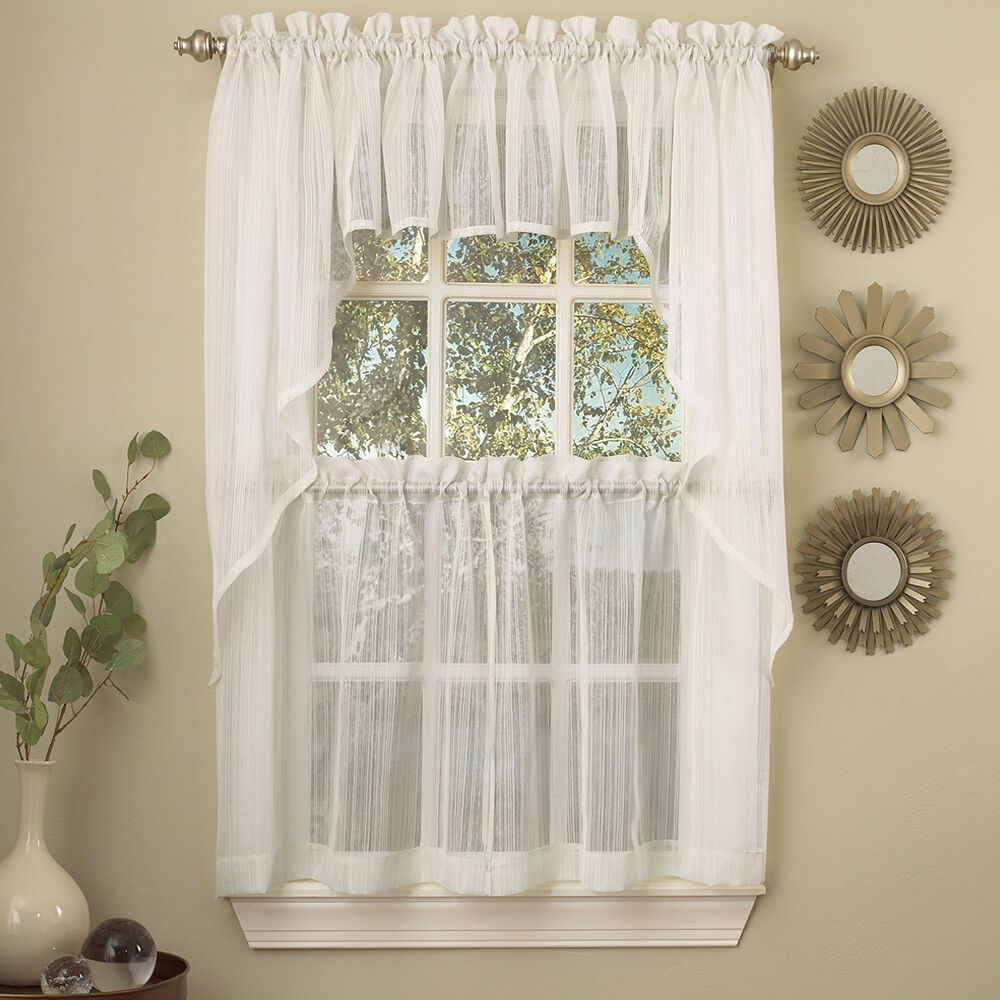 Harmony White Micro Stripe Semi Sheer Kitchen Curtains Tier Or Valance Or  Swag | Ebay In Traditional Tailored Tier And Swag Window Curtains Sets With Ornate Flower Garden Print (View 15 of 20)