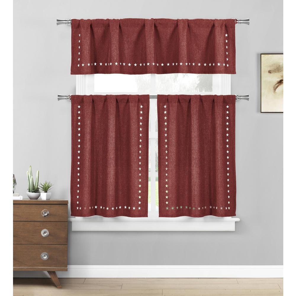 Home Maison Conor Stars Burgundy Kitchen Curtain Set – 58 In. W X 15 In. L  In (3 Piece) Throughout Kitchen Burgundy/white Curtain Sets (Photo 7 of 20)