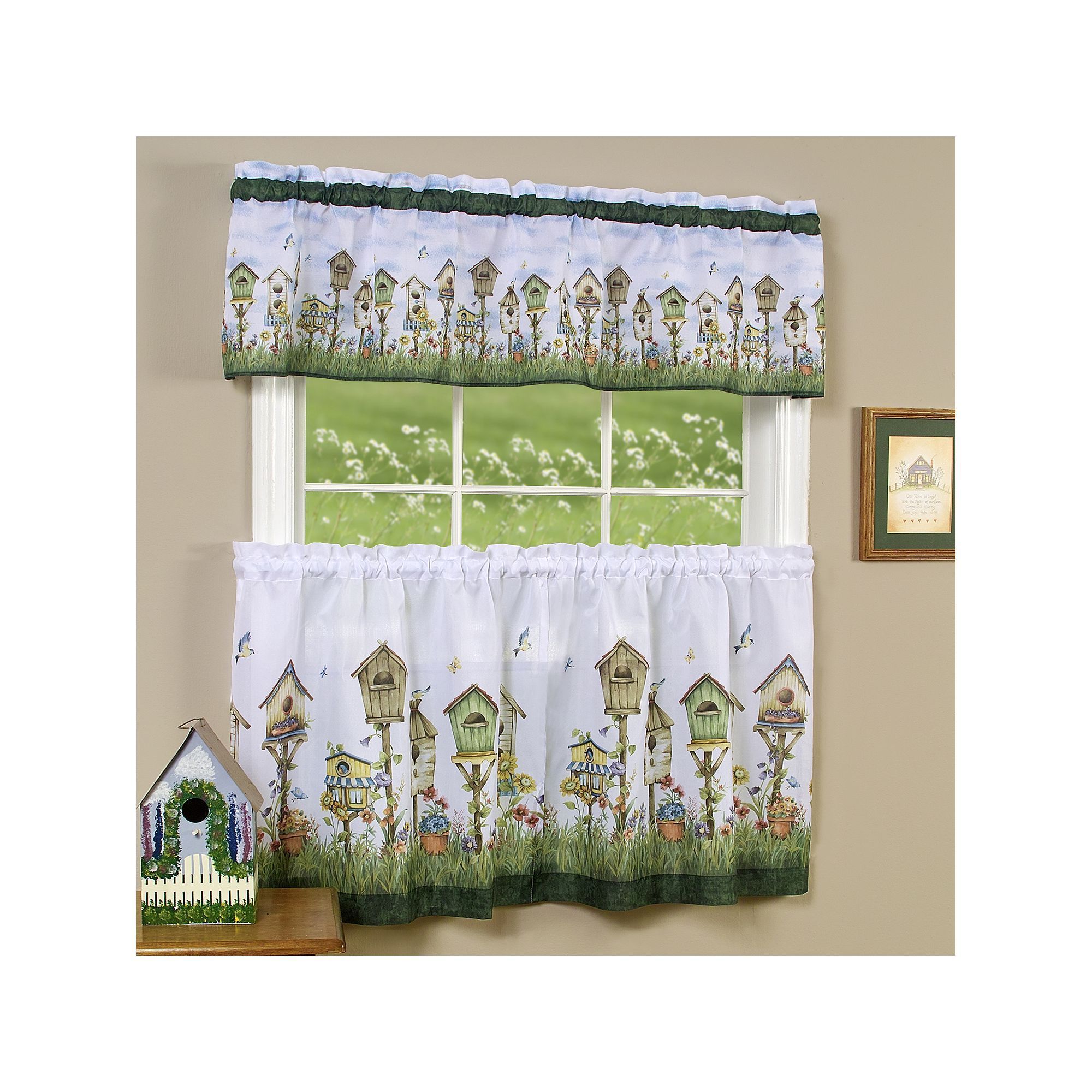 Home Sweet Home Bird House 3 Piece Tier & Valance Kitchen With Traditional Tailored Tier And Swag Window Curtains Sets With Ornate Flower Garden Print (Photo 19 of 20)