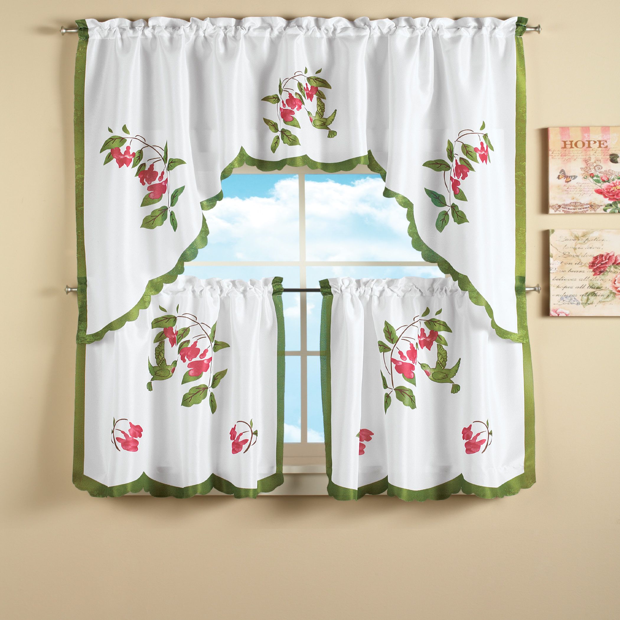Hummingbird And Flowers Tier Curtain Set With Multicolored Printed Curtain Tier And Swag Sets (View 15 of 20)