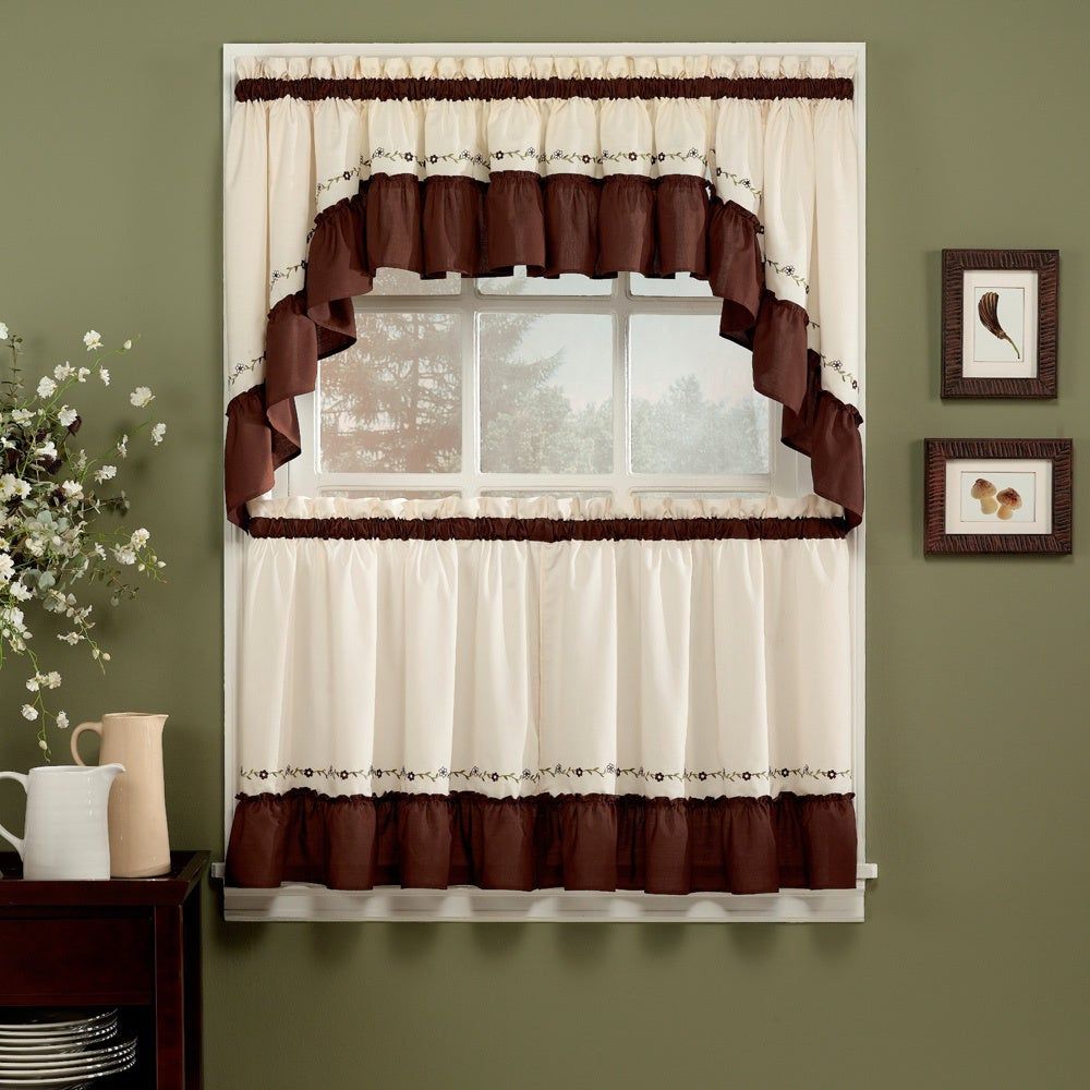 Jayden Chocolate 5 Piece Curtain Tier And Swag Set Within Embroidered 'coffee Cup' 5 Piece Kitchen Curtain Sets (View 13 of 20)