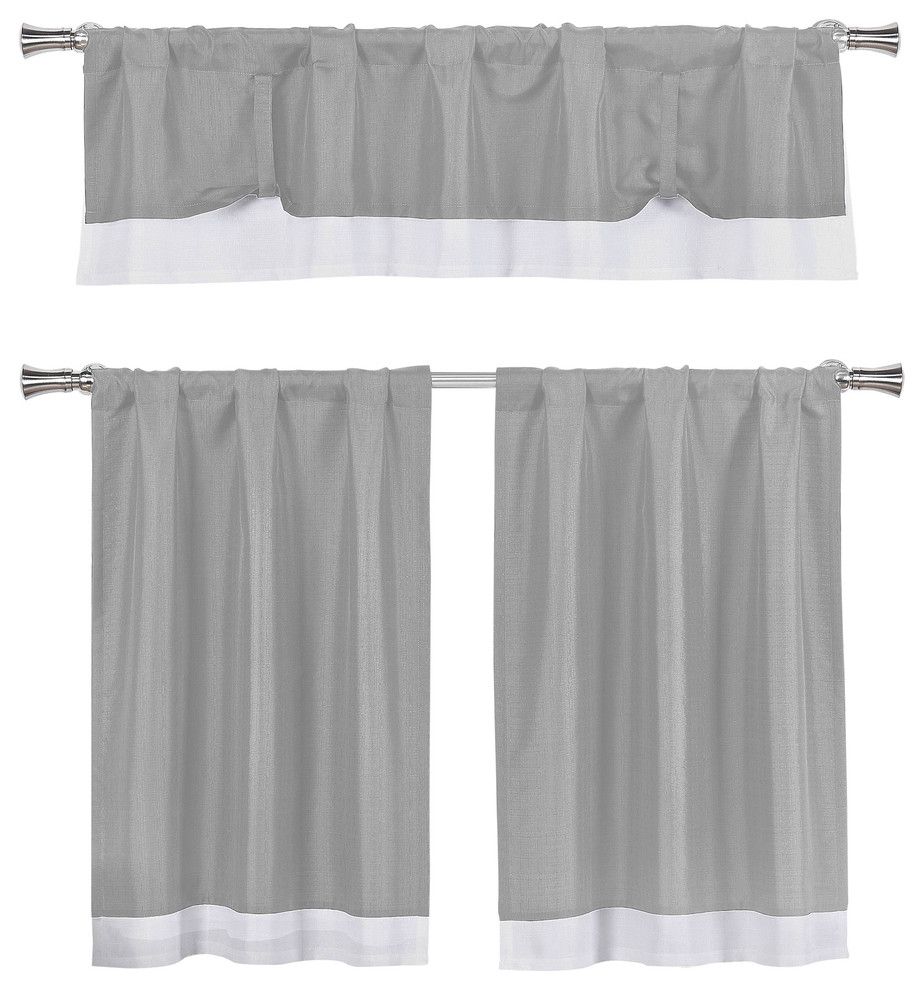 Kitchen Curtains 3 Piece Set, Tie Up Solid Textured, Gray, White Within Dove Gray Curtain Tier Pairs (View 20 of 20)