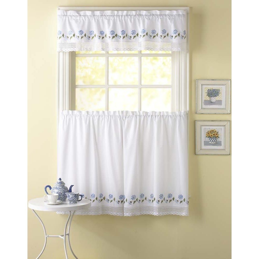 Leighton 3 Piece Curtain Tier And Valance Set For Abby Embroidered 5 Piece Curtain Tier And Swag Sets (View 14 of 20)