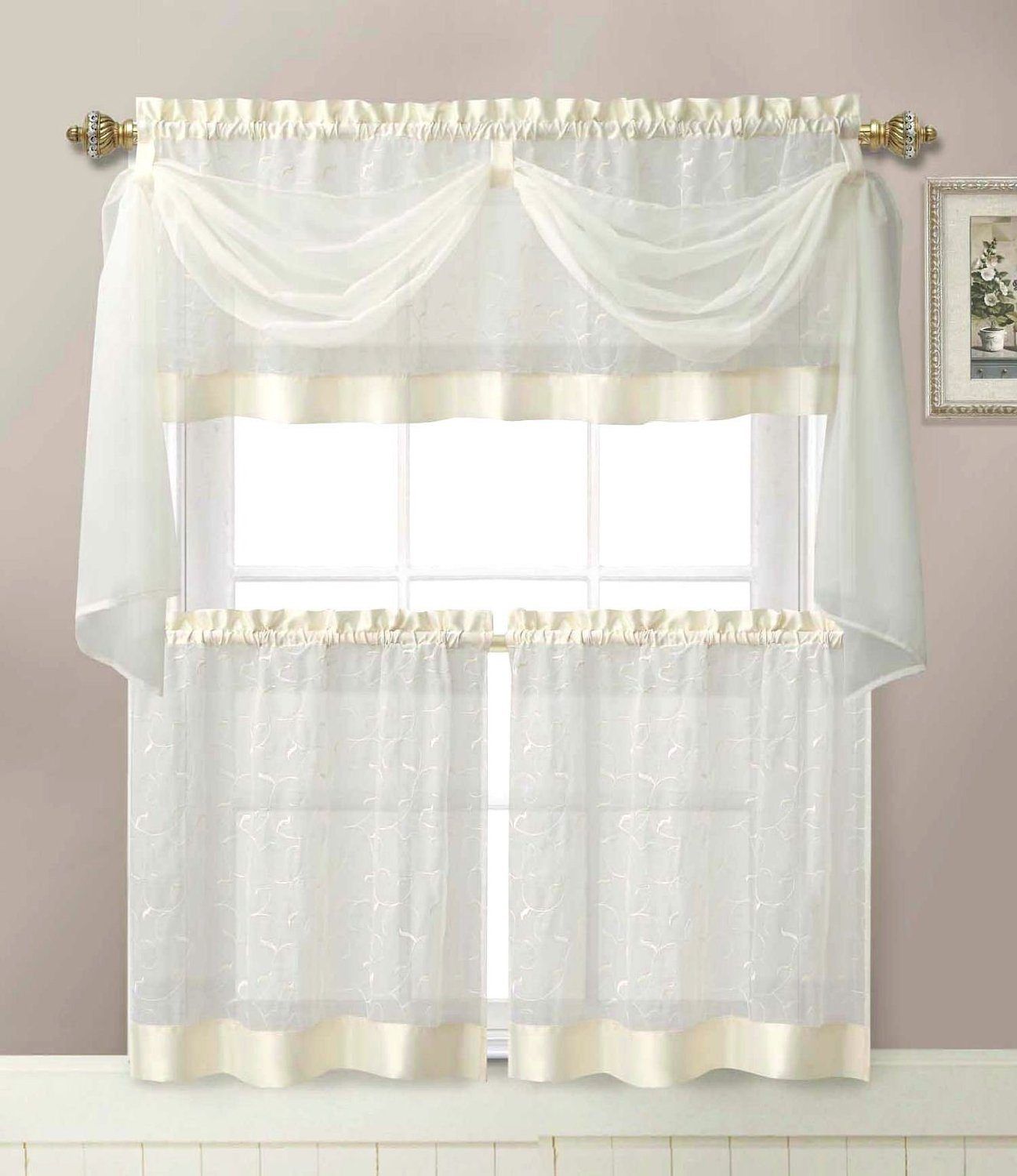 Linen Leaf Embroidered Sheer Kitchen Curtain Tall Kitchen Within Floral Embroidered Sheer Kitchen Curtain Tiers, Swags And Valances (View 15 of 20)