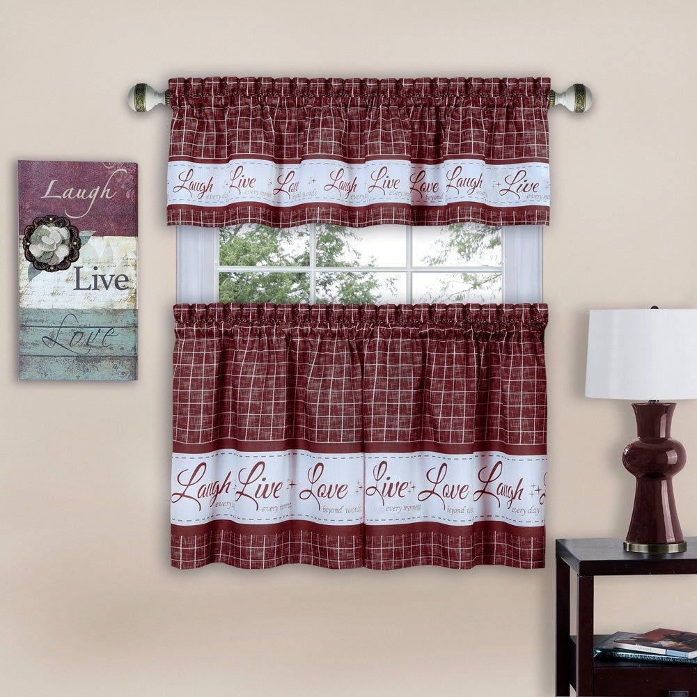Live Laugh Love 3 Piece Kitchen Curtain Set, Tiers 58x36, Swag 58x14 Inches Inside 5 Piece Burgundy Embroidered Cabernet Kitchen Curtain Sets (View 9 of 20)