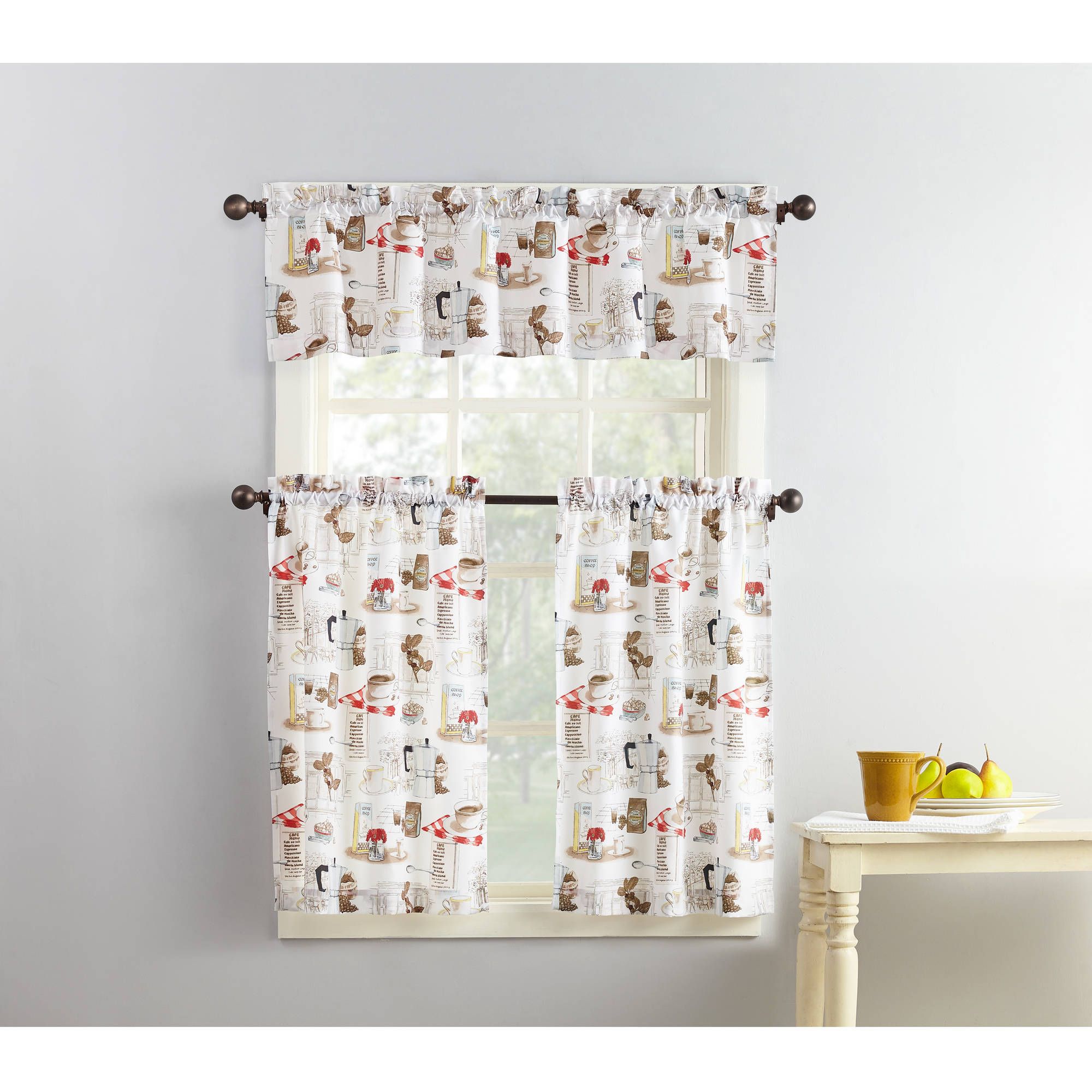 Mainstays Coffee Shop 3 Piece Kitchen Curtain And Valance Set – Walmart For Tree Branch Valance And Tiers Sets (Photo 20 of 20)