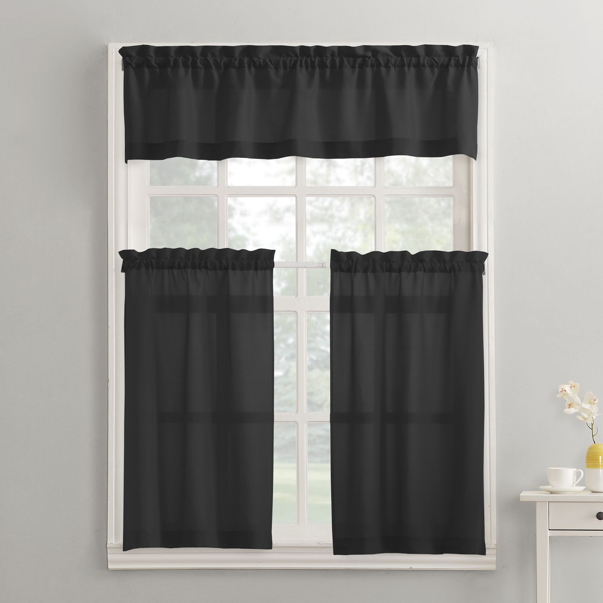 Mainstays Solid 3 Piece Kitchen Curtain Tier And Valance Set Throughout Barnyard Window Curtain Tier Pair And Valance Sets (Photo 11 of 20)