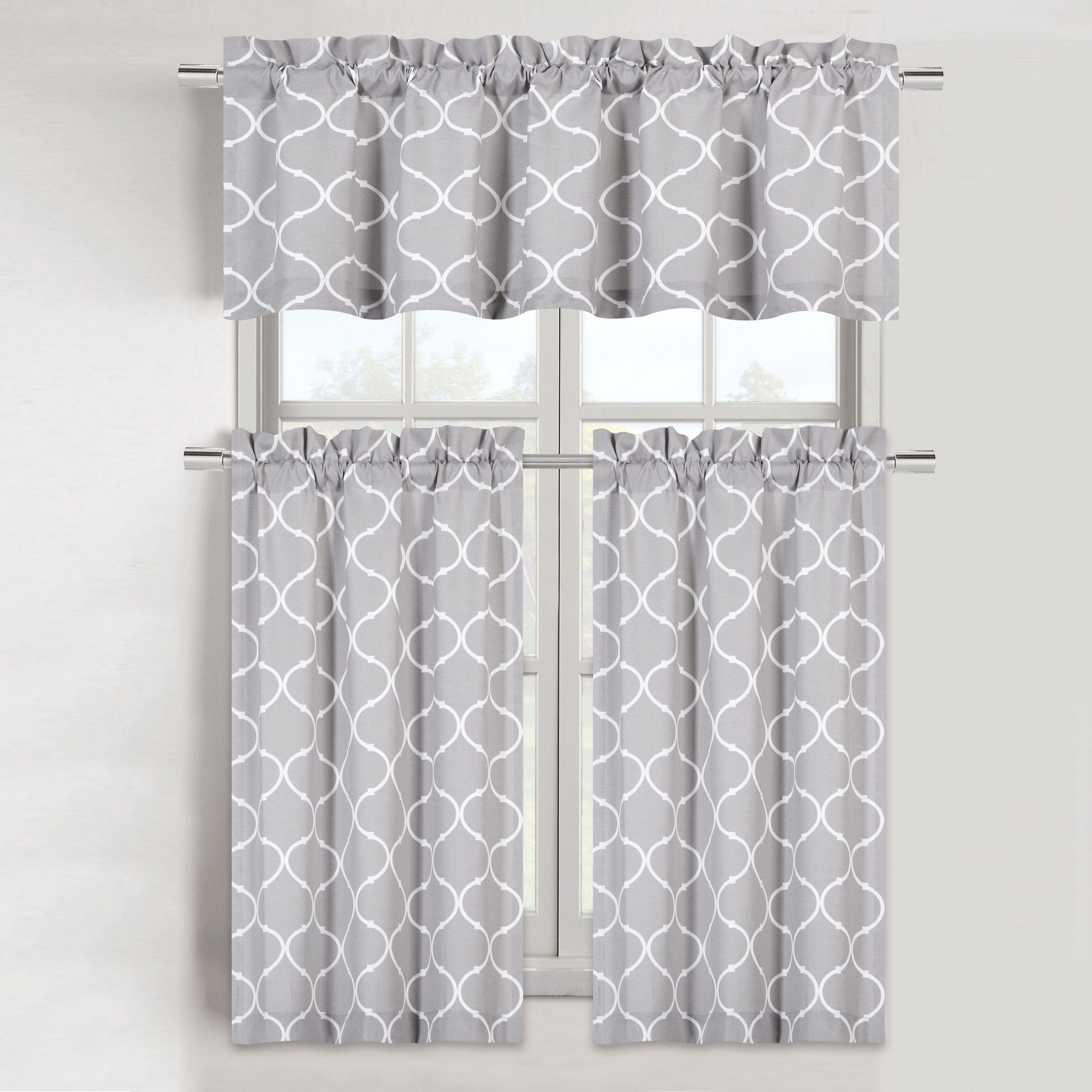 Maison Trellis Cotton Blend Kitchen Curtain Tier & Valance Set – Gray Pertaining To Cotton Blend Grey Kitchen Curtain Tiers (View 7 of 20)