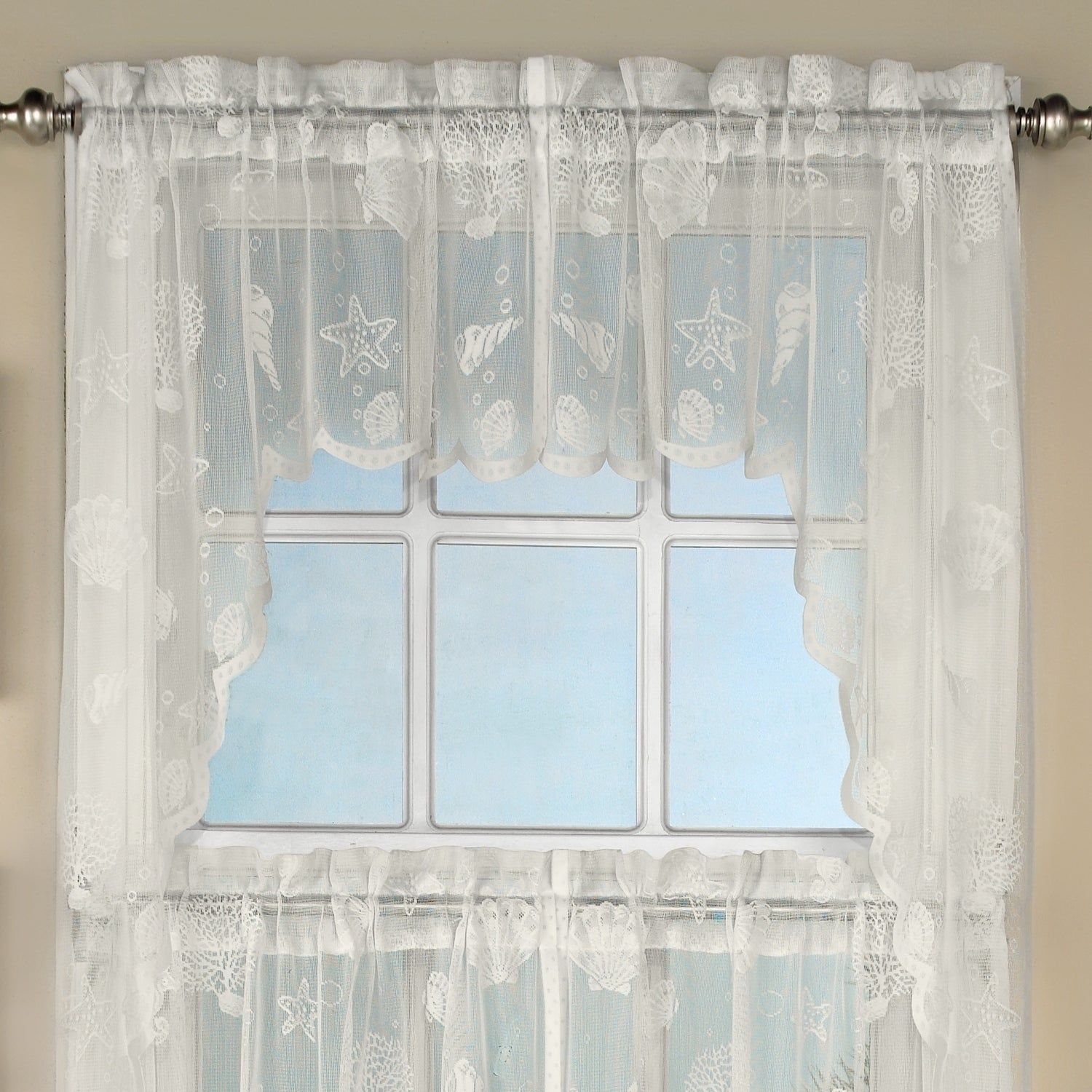 Marine Life Motif Knitted Lace Window Curtain Pieces Throughout White Knit Lace Bird Motif Window Curtain Tiers (View 6 of 20)