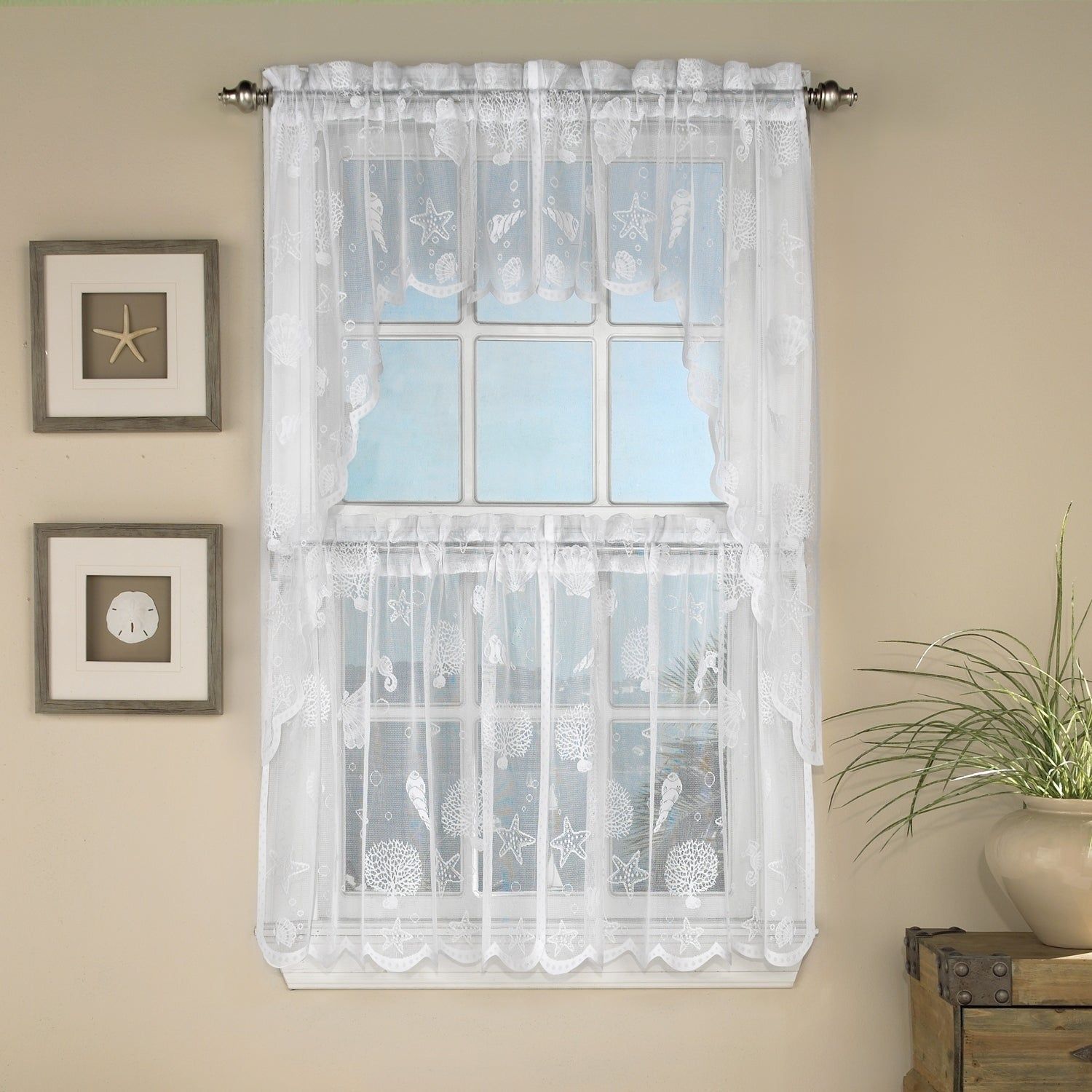 Marine Life Motif Knitted Lace Window Curtain Pieces Throughout White Knit Lace Bird Motif Window Curtain Tiers (View 5 of 20)